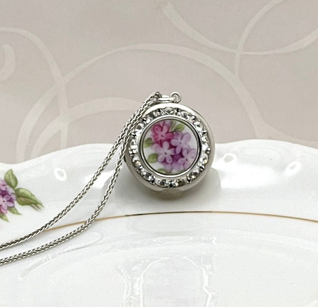 Lilac Flower Photo Locket Necklace, Adjustable Broken China Jewelry, Handmade Jewelry, Vintage Lilac China, Mothers Day Gifts for Mom