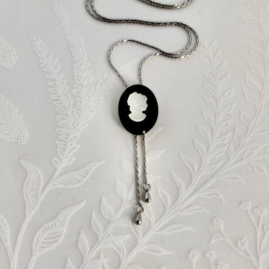 Vintage Black Glass Cameo Necklace, Adjustable Long Silver Necklace, Unique Gift for Her