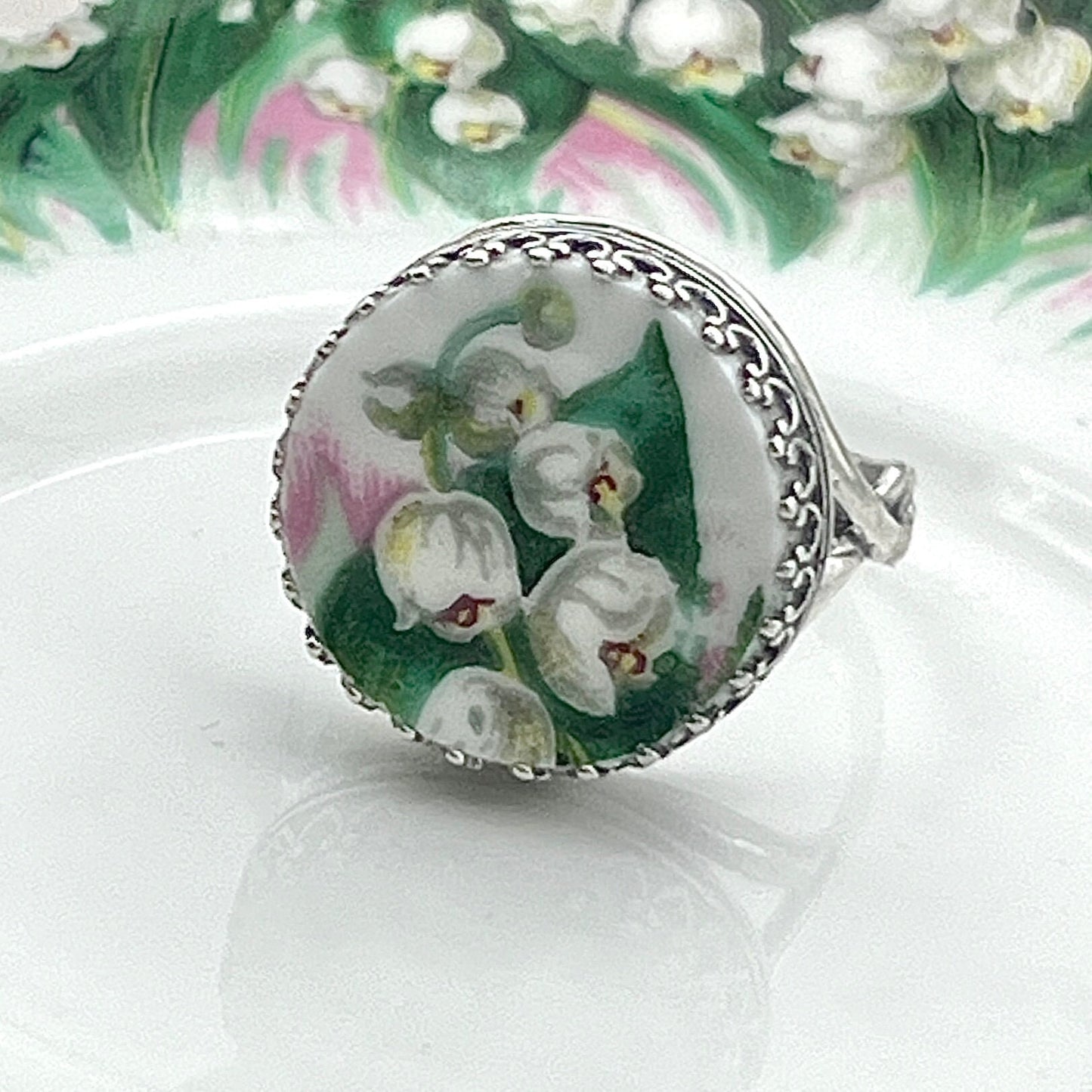 Victorian Lily of the Valley Ring, Sterling Silver Adjustable Broken China Jewelry, Unique Gifts for Mom