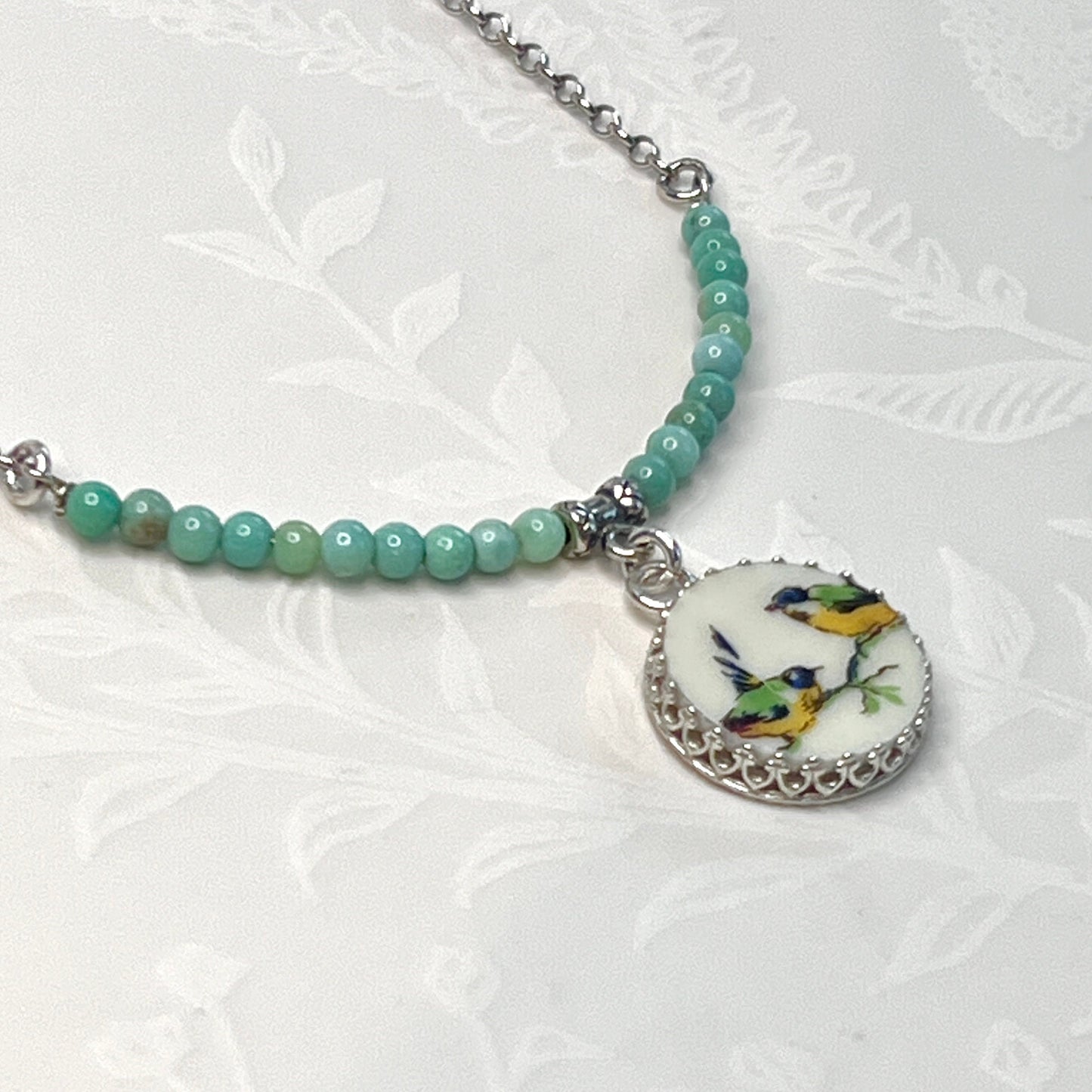 20th Anniversary Dainty Love Birds Necklace, Sterling Silver French Limoges China Jewelry, Gift for Wife
