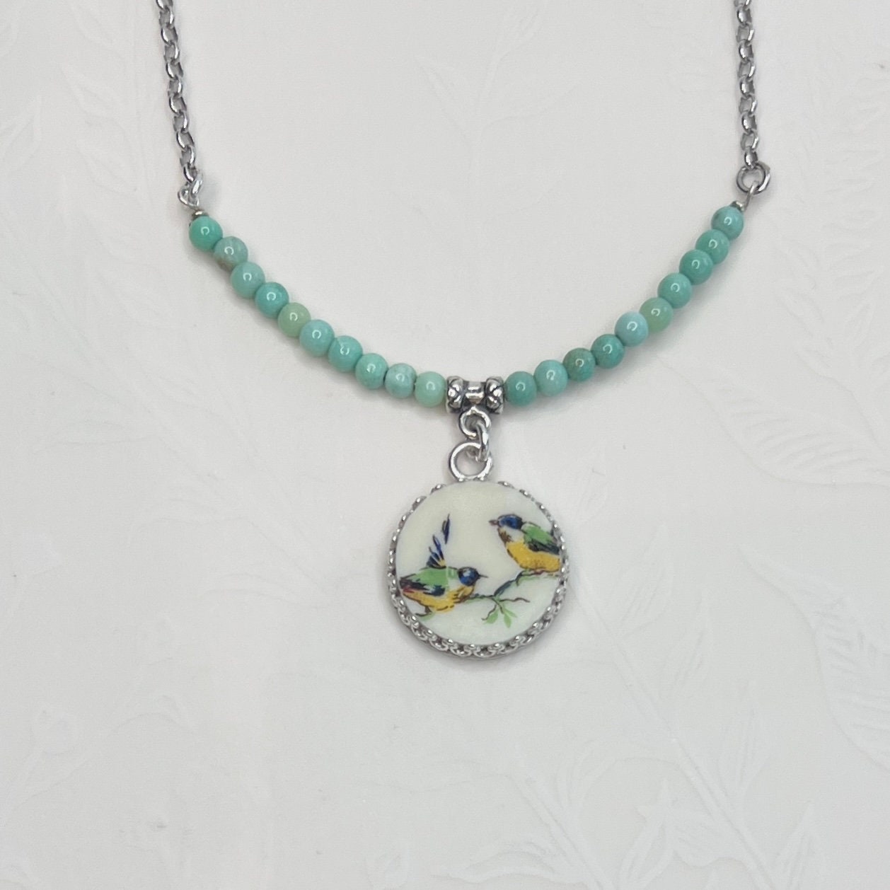 20th Anniversary Dainty Love Birds Necklace, Sterling Silver French Limoges China Jewelry, Gift for Wife