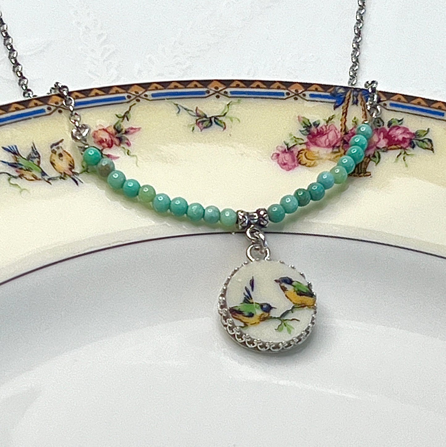 20th Anniversary Dainty Love Birds Necklace, Sterling Silver French Limoges China Jewelry, Gift for Wife