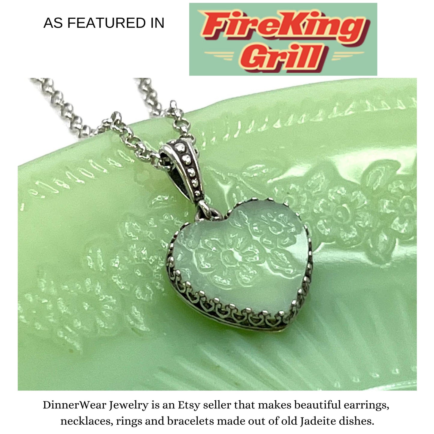Jadeite Heart Necklace, Depression Glass, Fire King Alice Jadeite Jewelry, Jadeite Junkies, Unique Gifts for Women