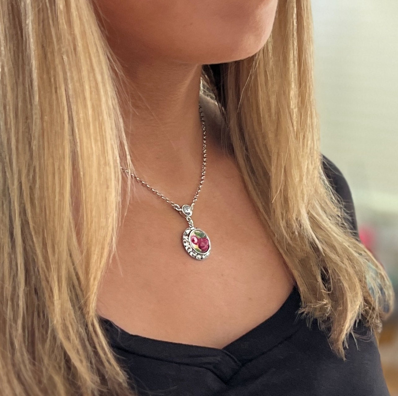 Royal Albert Old Country Roses Crystal Necklace, 18th and 20th Anniversary Gifts for Wife, Porcelain Necklace, Red Rose Broken China Jewelry