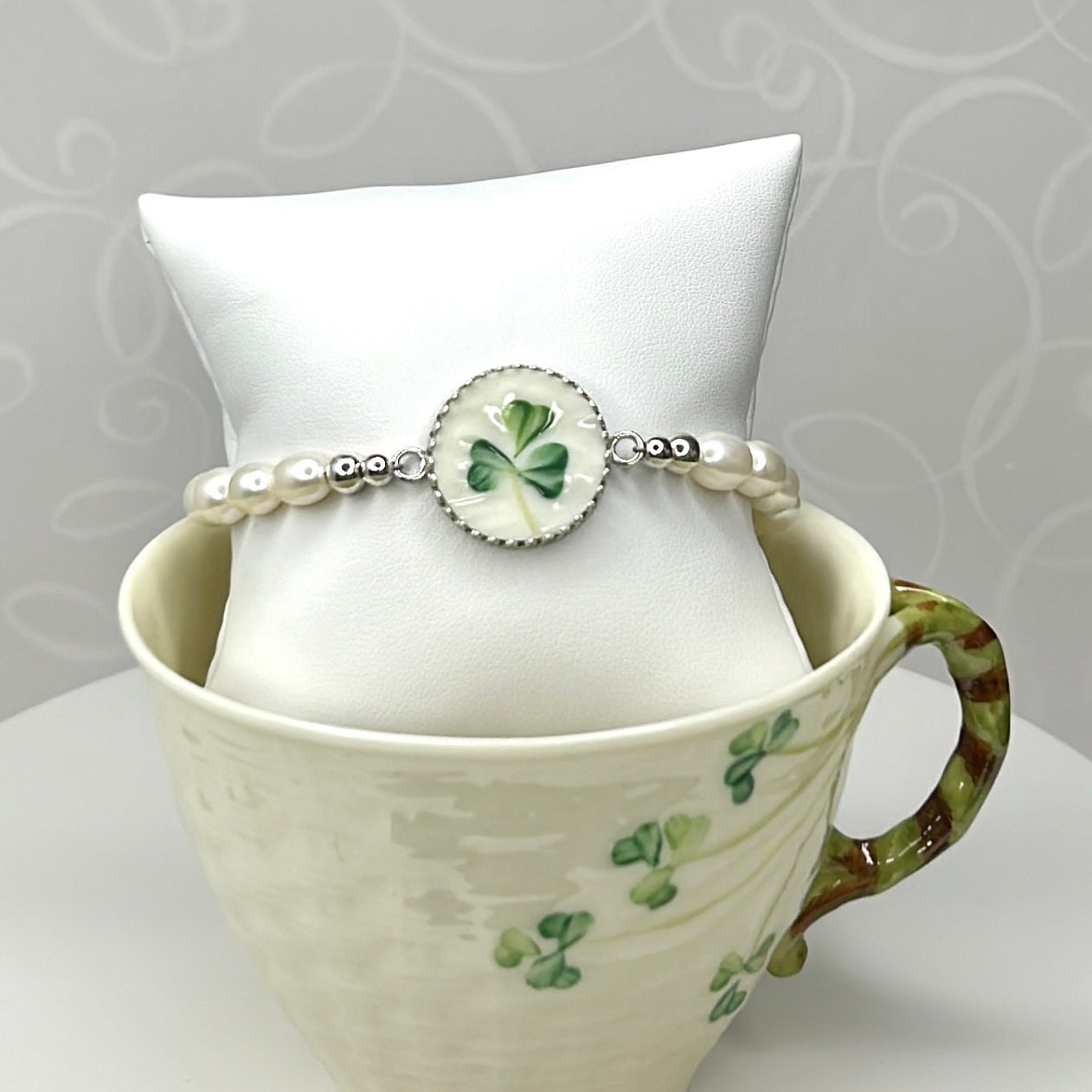 Belleek Irish Shamrock Bracelet, Freshwater Pearl Bracelet, Broken China Jewelry, Unique 20th Anniversary Gift for Wife, Hand Painted Clover