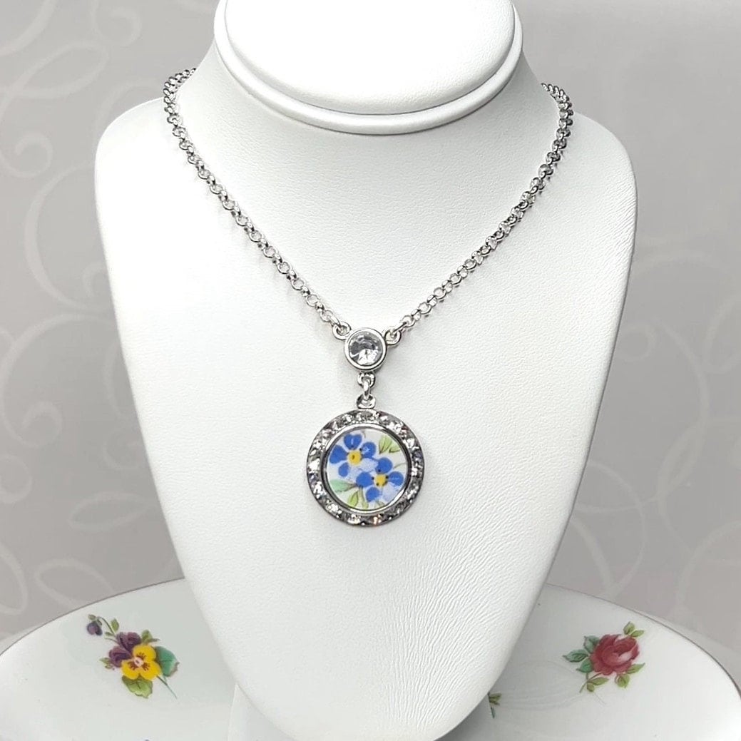 Sterling Silver Locket Necklace, Forget Me Not Broken China Jewelry, 2024 Anniversary Gift for Wife