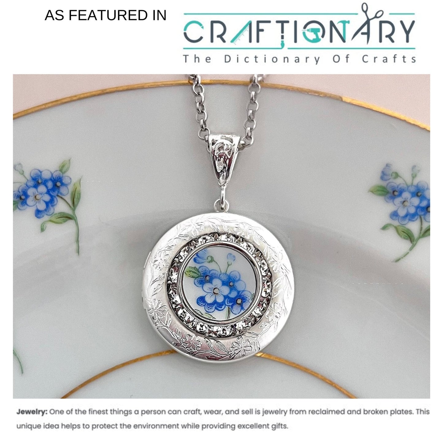 Forget Me Not Flower Locket Necklace, Broken China Jewelry, Unique Anniversary Gifts for Women, Vintage Photo Locket, Gifts for Her