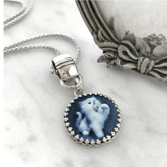 Cat Cameo Necklace, Sterling Silver, Authentic Agate Gemstone Cameo Jewelry, Kitten Jewelry Gift for Cat Lover