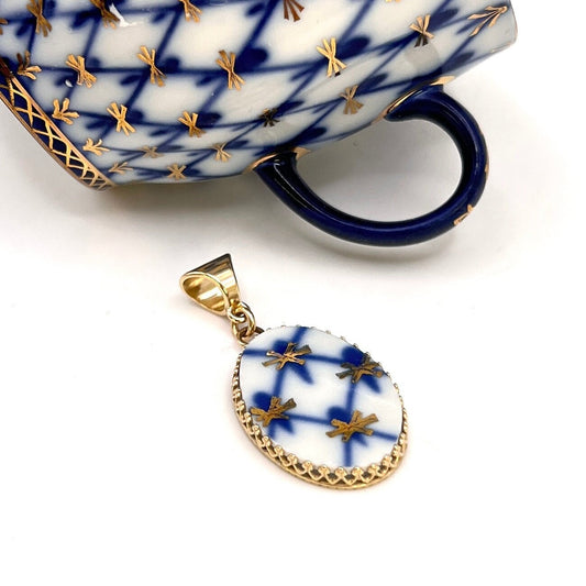 14k Gold Lomonosov Porcelain Jewelry, Cobalt Net Gold Pendant or Necklace, 18th and 20th Anniversary Gift for Wife, Broken China Jewelry