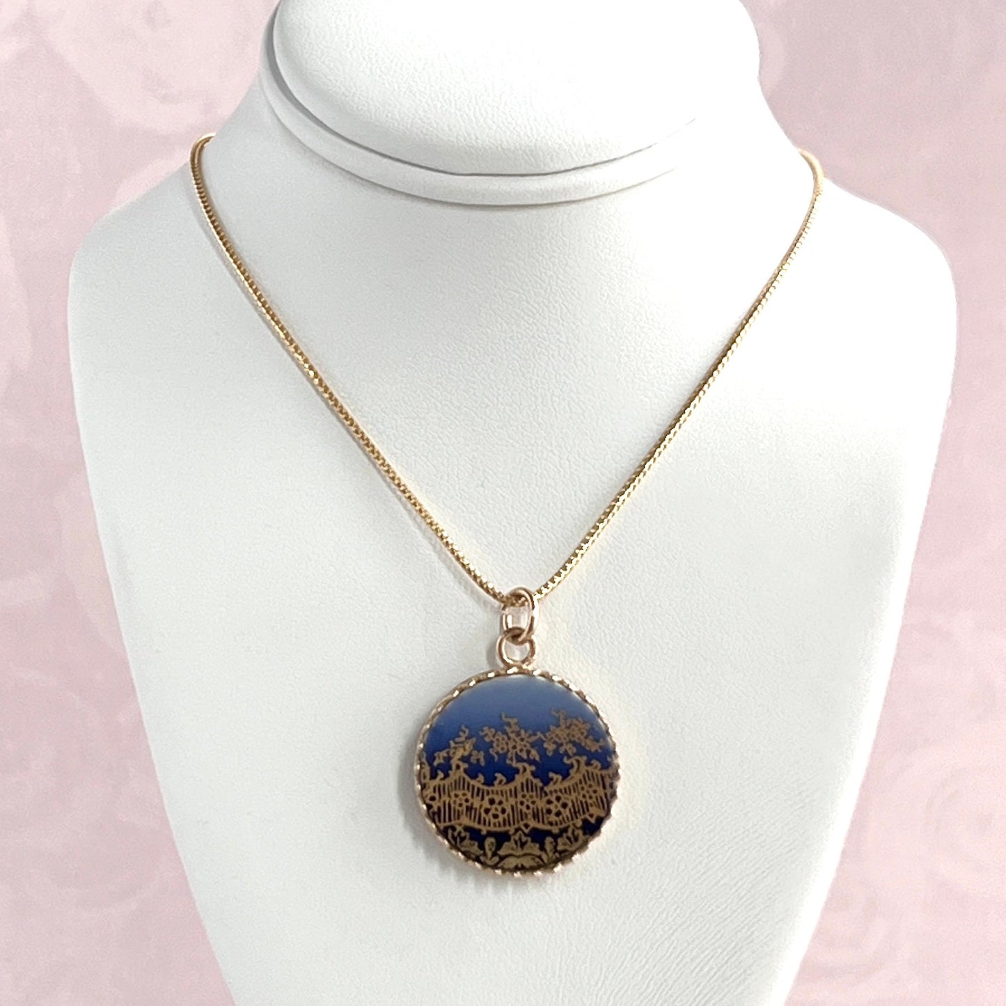 14k Solid Gold Antique Flow Blue Porcelain Pendant or Necklace