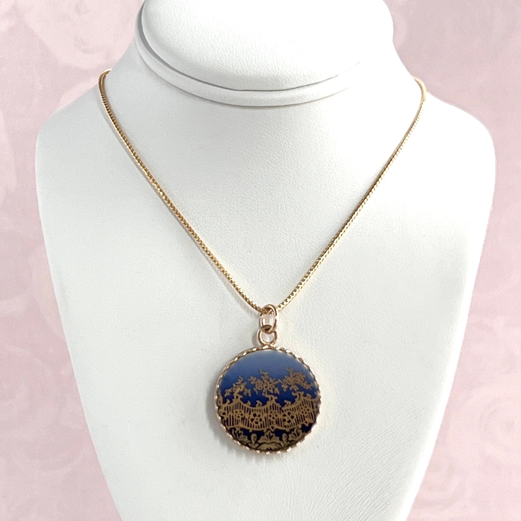 14k Solid Gold Antique Flow Blue Porcelain Pendant or Necklace