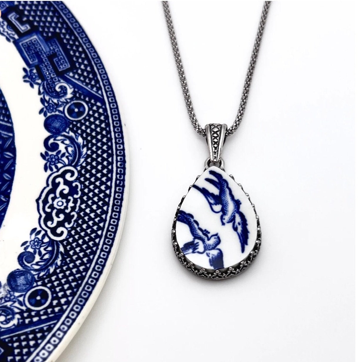 Sterling Silver Love Birds China Necklace, Broken China Jewelry, 20th Anniversary Gift for Wife, Blue Willow Ware Vintage China Jewelry