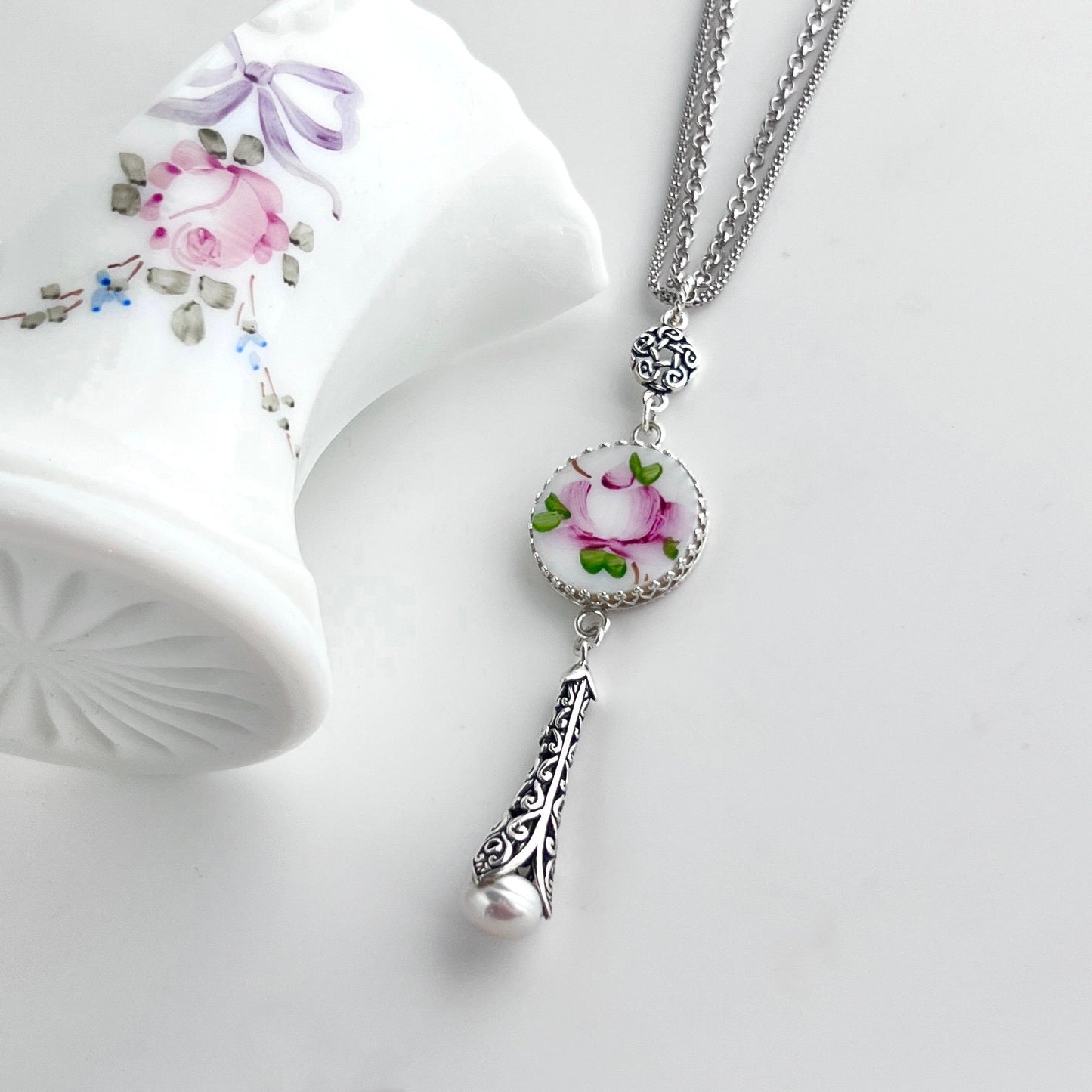 Milk Glass Necklace, Hand Painted Pink Rose, Victorian Silver Jewelry, Pearl Drop Necklace, 3rd Anniversary Gift, Mothers Day Gift for Mom