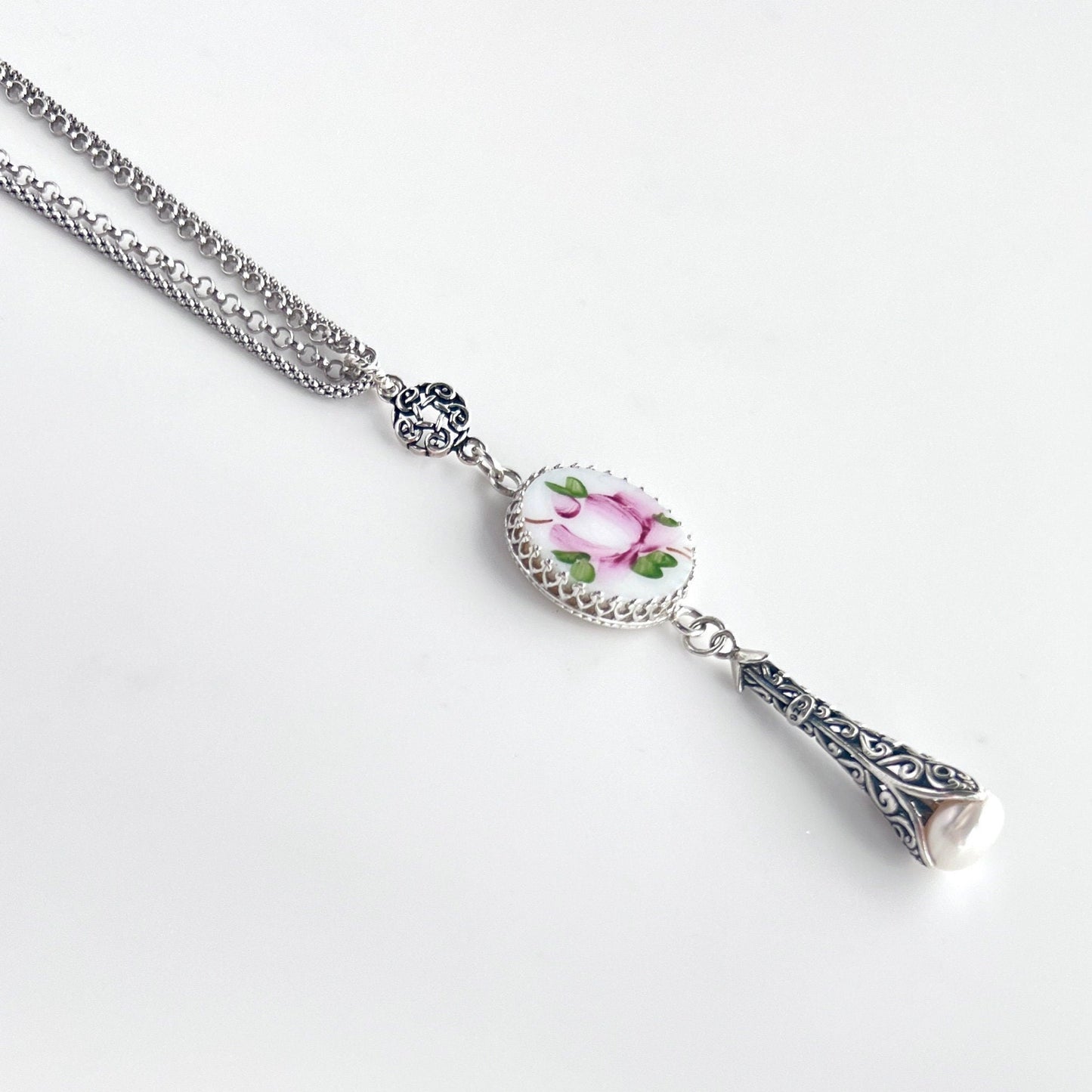 Milk Glass Necklace, Hand Painted Pink Rose, Victorian Silver Jewelry, Pearl Drop Necklace, 3rd Anniversary Gift, Mothers Day Gift for Mom