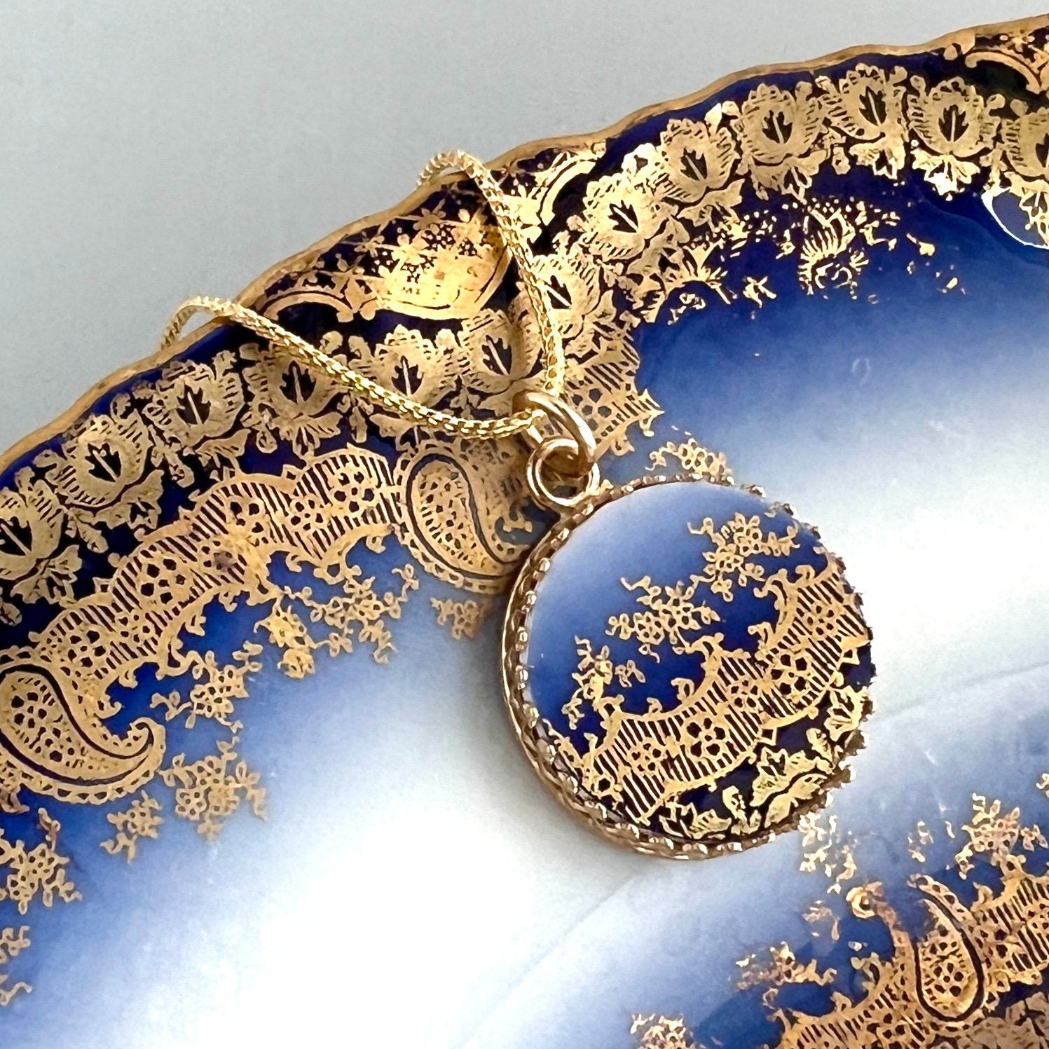 14k Solid Gold Antique Flow Blue Porcelain Pendant or Necklace