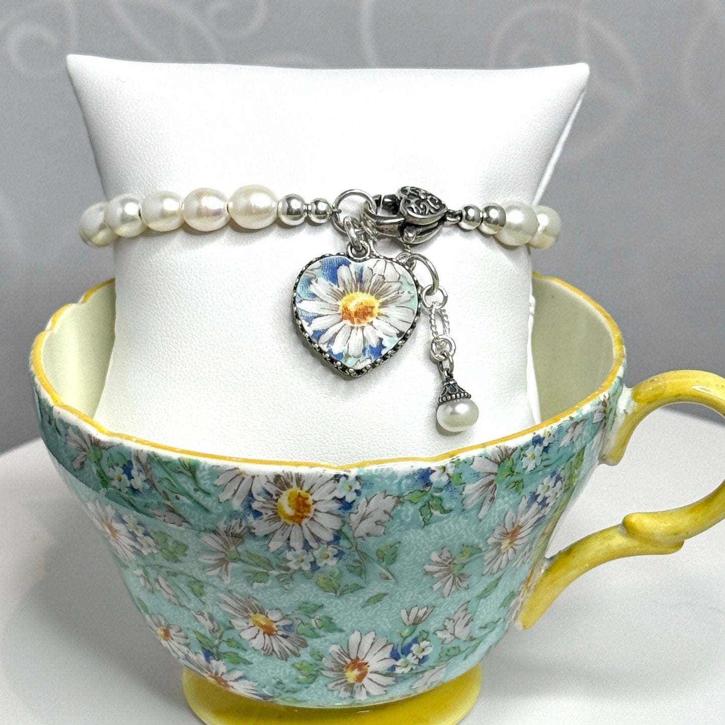 20th Anniversary Gift for Wife, Daisy and Freshwater Pearl Bracelet, Heart Broken China Jewelry, Unique Gifts for Women