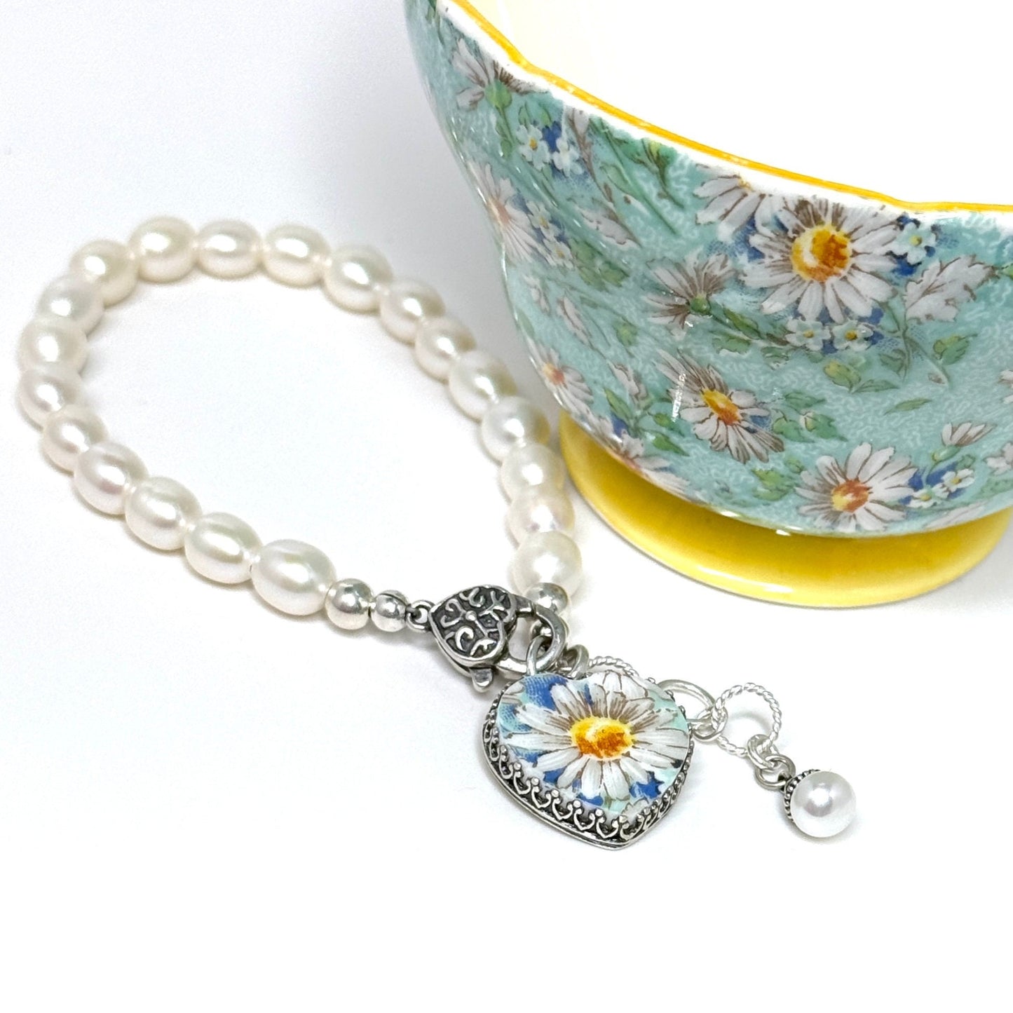20th Anniversary Gift for Wife, Daisy and Freshwater Pearl Bracelet, Heart Broken China Jewelry, Unique Gifts for Women