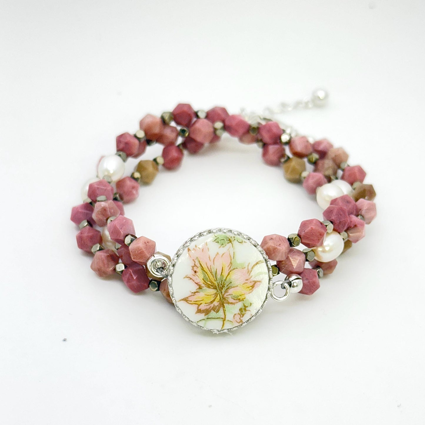Natural Gemstone Beaded Wrap Bracelet, French Limoges Broken China Jewelry, Freshwater Pearls