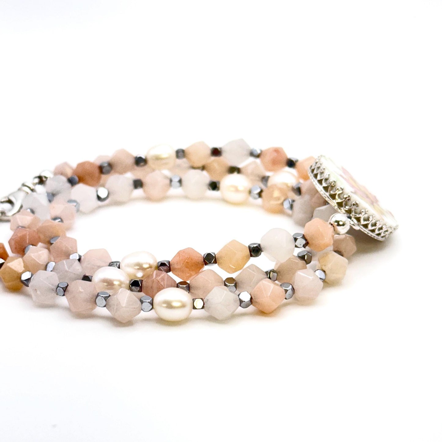 Maple Leaf China Charm, Natural Gemstone Beaded Wrap Bracelet, Limoges Porcelain Broken China Jewelry, Freshwater Pearls