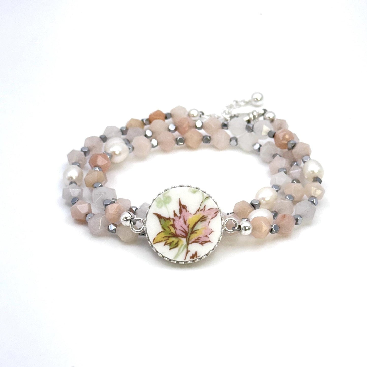 Maple Leaf China Charm, Natural Gemstone Beaded Wrap Bracelet, Limoges Porcelain Broken China Jewelry, Freshwater Pearls