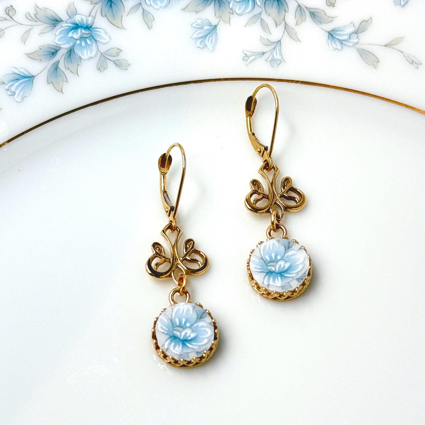 14k Solid Gold Jewelry Set, Unique 18th Anniversary Gifts for Wife, Dainty Pearl Jewelry, Porcelain Necklace and Earrings