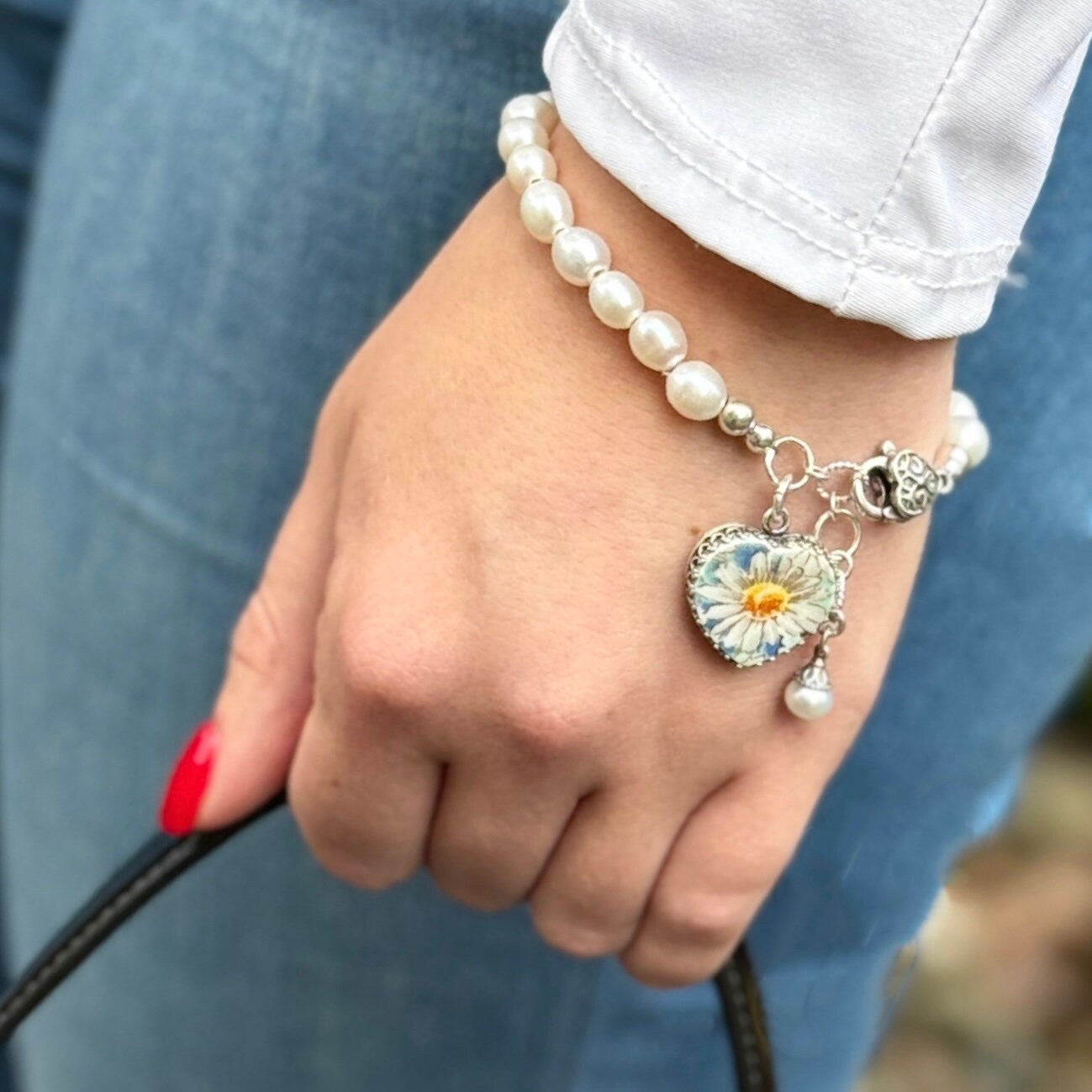 20th Anniversary Gift for Wife, Daisy and Freshwater Pearl Bracelet, Heart Broken China Jewelry, Unique Gifts for Women