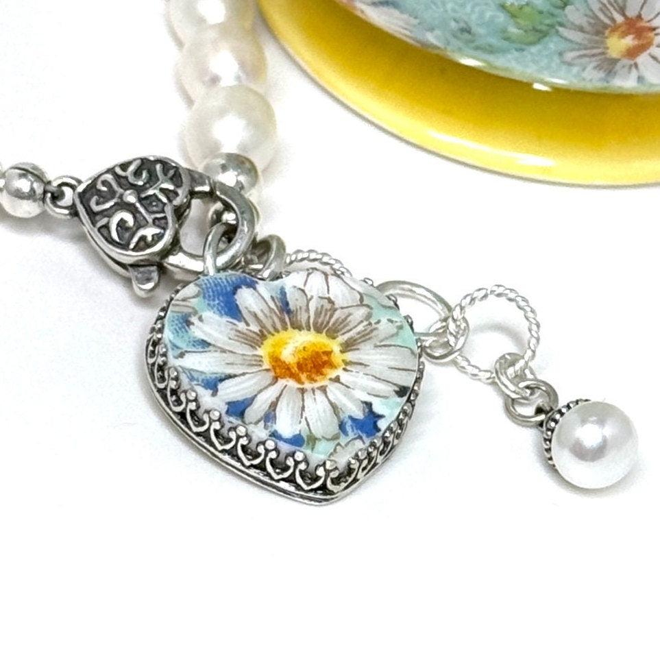 20th Anniversary Gift for Wife, Daisy and Freshwater Pearl Bracelet, Heart Broken China Jewelry, Unique Gifts for Women