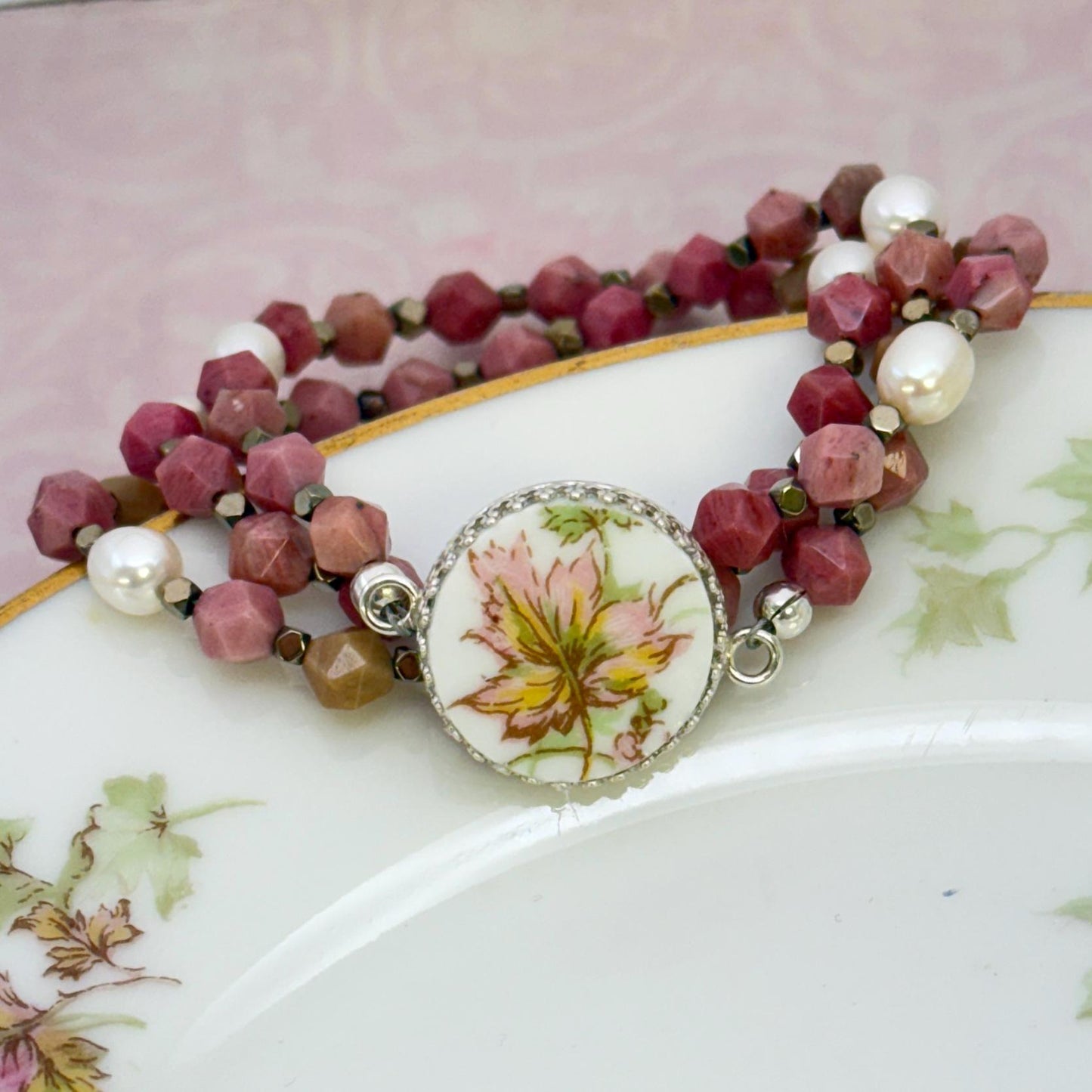 Natural Gemstone Beaded Wrap Bracelet, French Limoges Broken China Jewelry, Freshwater Pearls