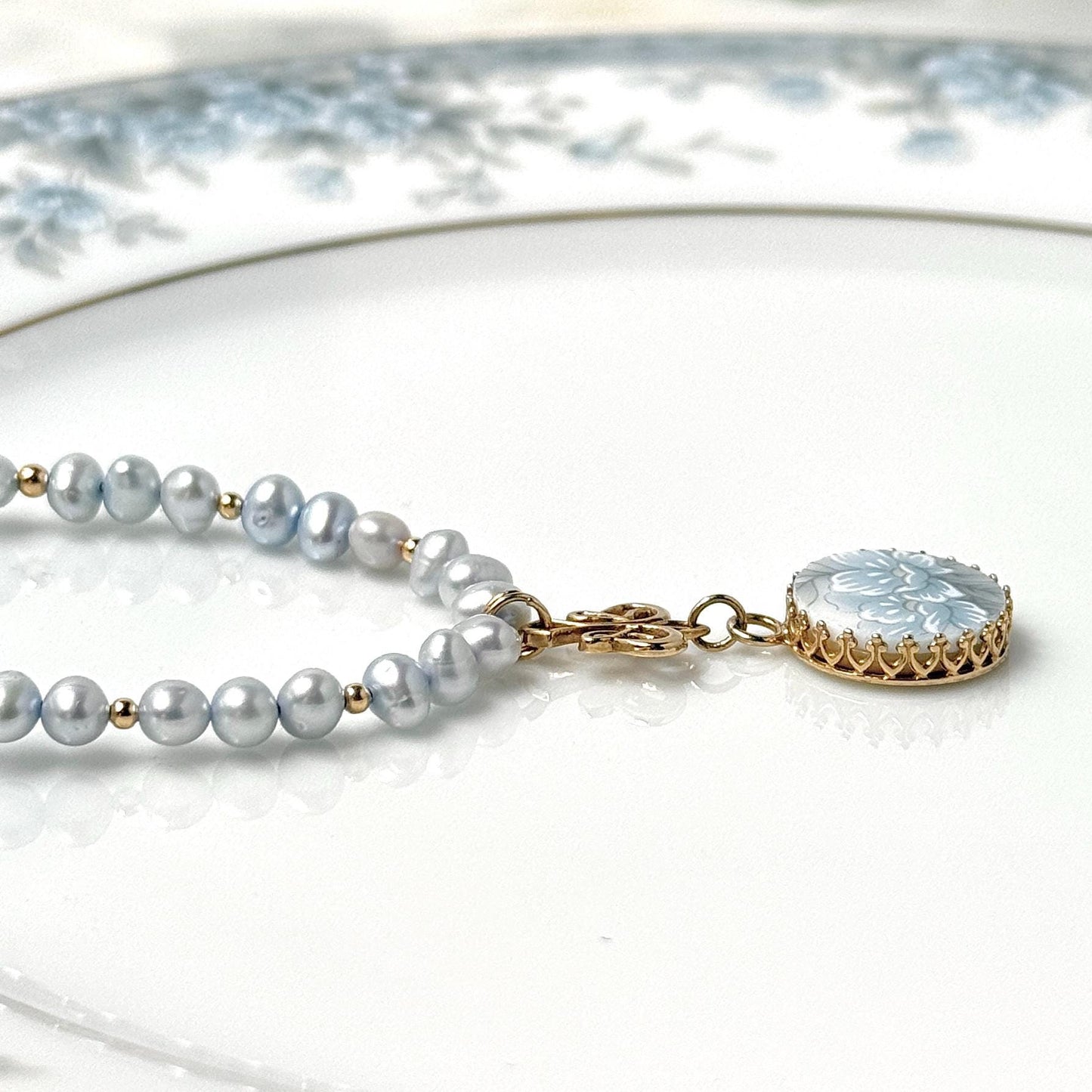 14k Solid Gold Jewelry Set, Unique 18th Anniversary Gifts for Wife, Dainty Pearl Jewelry, Porcelain Necklace and Earrings
