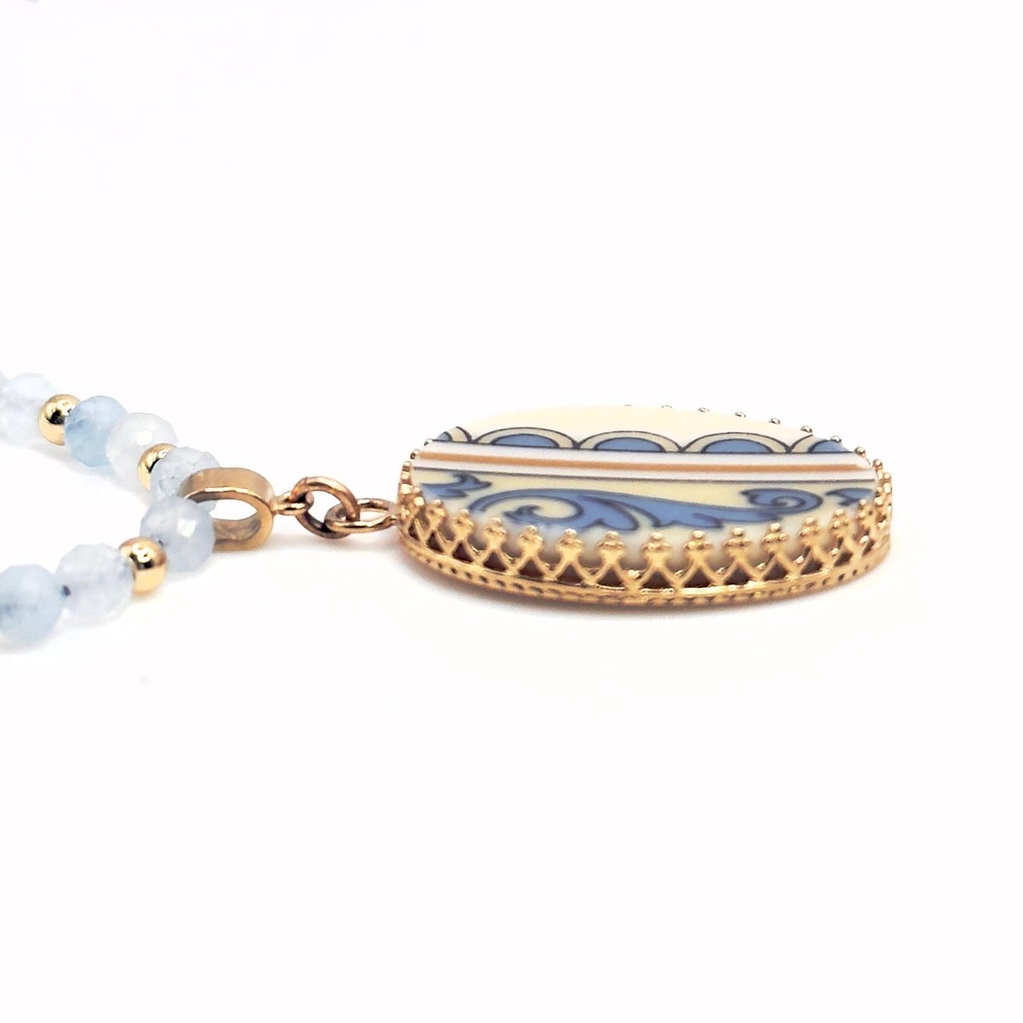 14k Solid Gold and Aquamarine Necklace, Unique 20th Anniversary Gift for Wife, Lenox Autumn China, Broken China Jewelry