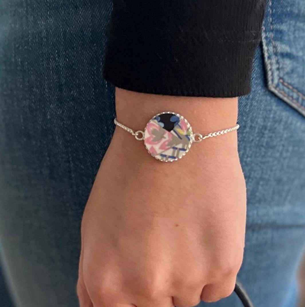 Vintage Quilt China Adjustable Bolo Bracelet, Sterling Silver, Unique 20th Anniversary Gifts for Women, Broken China Jewelry