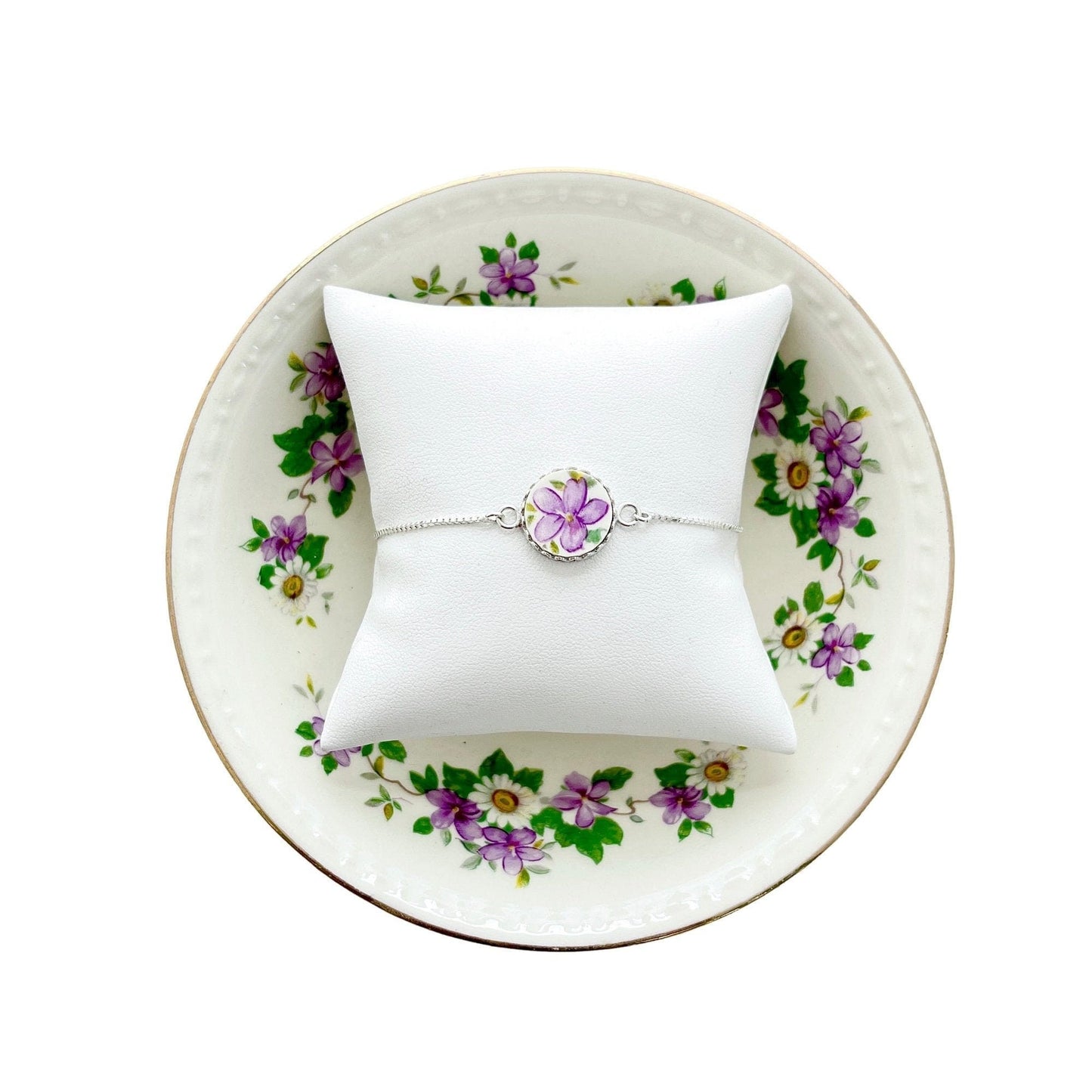 Dainty Adjustable Sterling Silver Bracelet, Vintage Purple Violet China, Broken China Jewelry, Unique Handmade Jewelry Gifts for Women