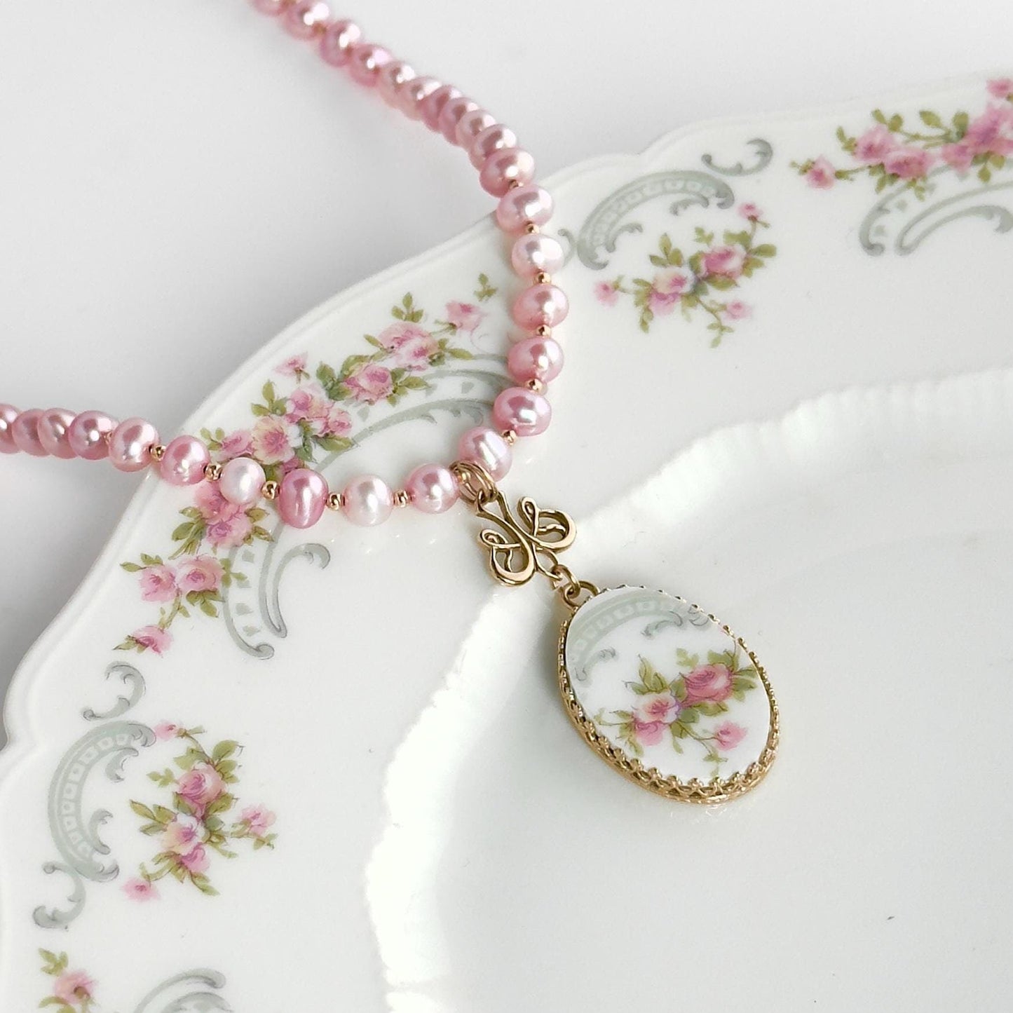 14k Solid Gold Victorian China and Pearl Necklace, Earrings or Set, 20th Anniversary Gift for Wife, Victorian Broken China Jewelry