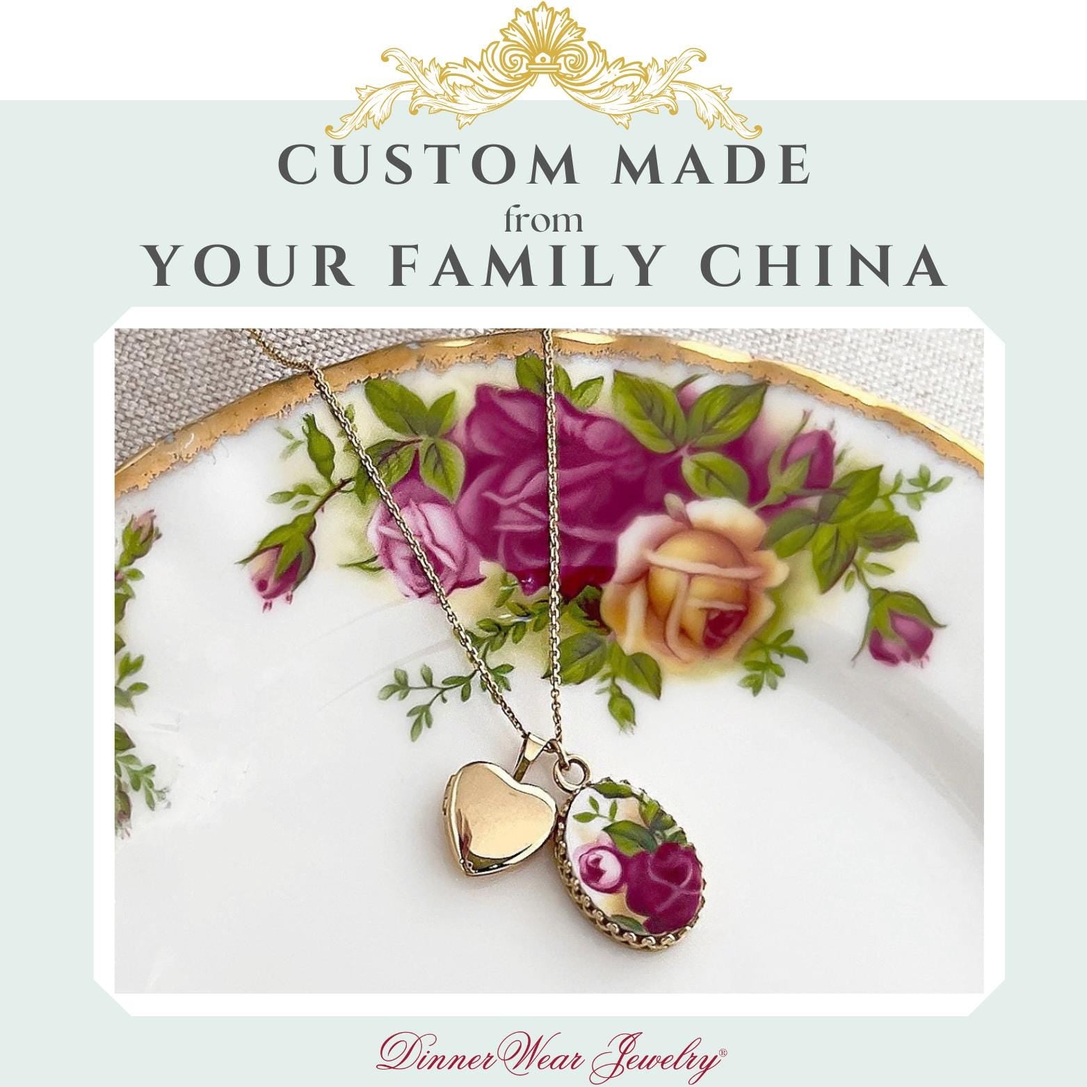 CUSTOM ORDER Adjustable 14k Gold Locket Necklace, Broken China Jewelry, Romantic 20th Anniversary Wife Gift, Made From Your Wedding China