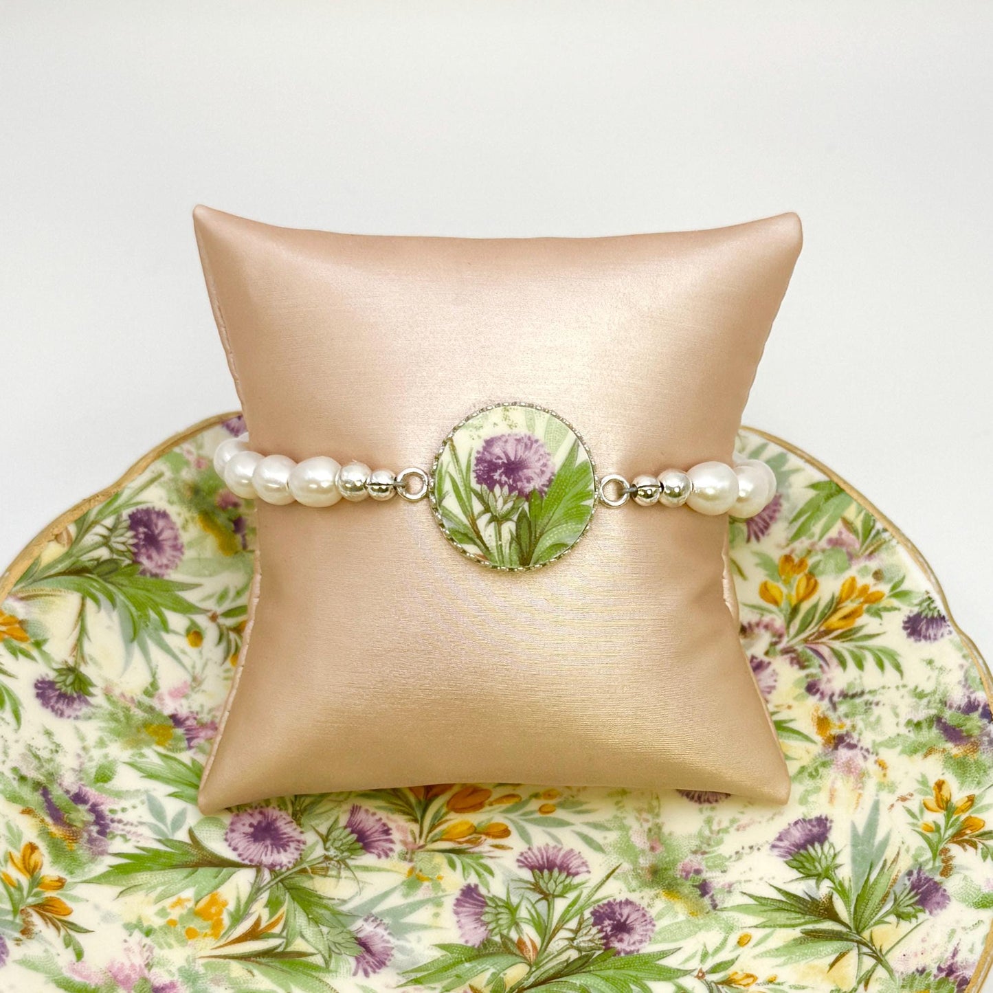 Scottish Thistle, Celtic Broken China Jewelry, Pearl Bracelet, 18th Wedding Anniversary Gift for Wife, Porcelain