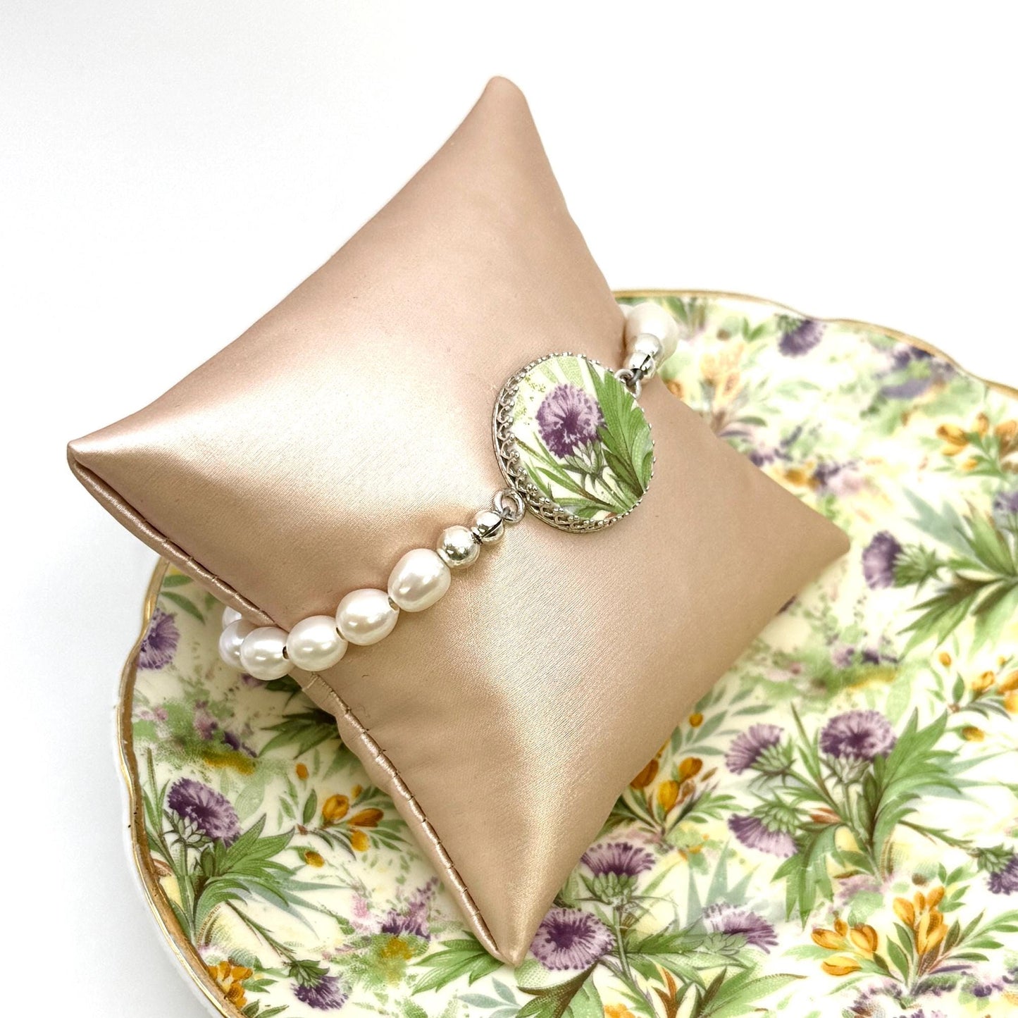 Scottish Thistle, Celtic Broken China Jewelry, Pearl Bracelet, 18th Wedding Anniversary Gift for Wife, Porcelain
