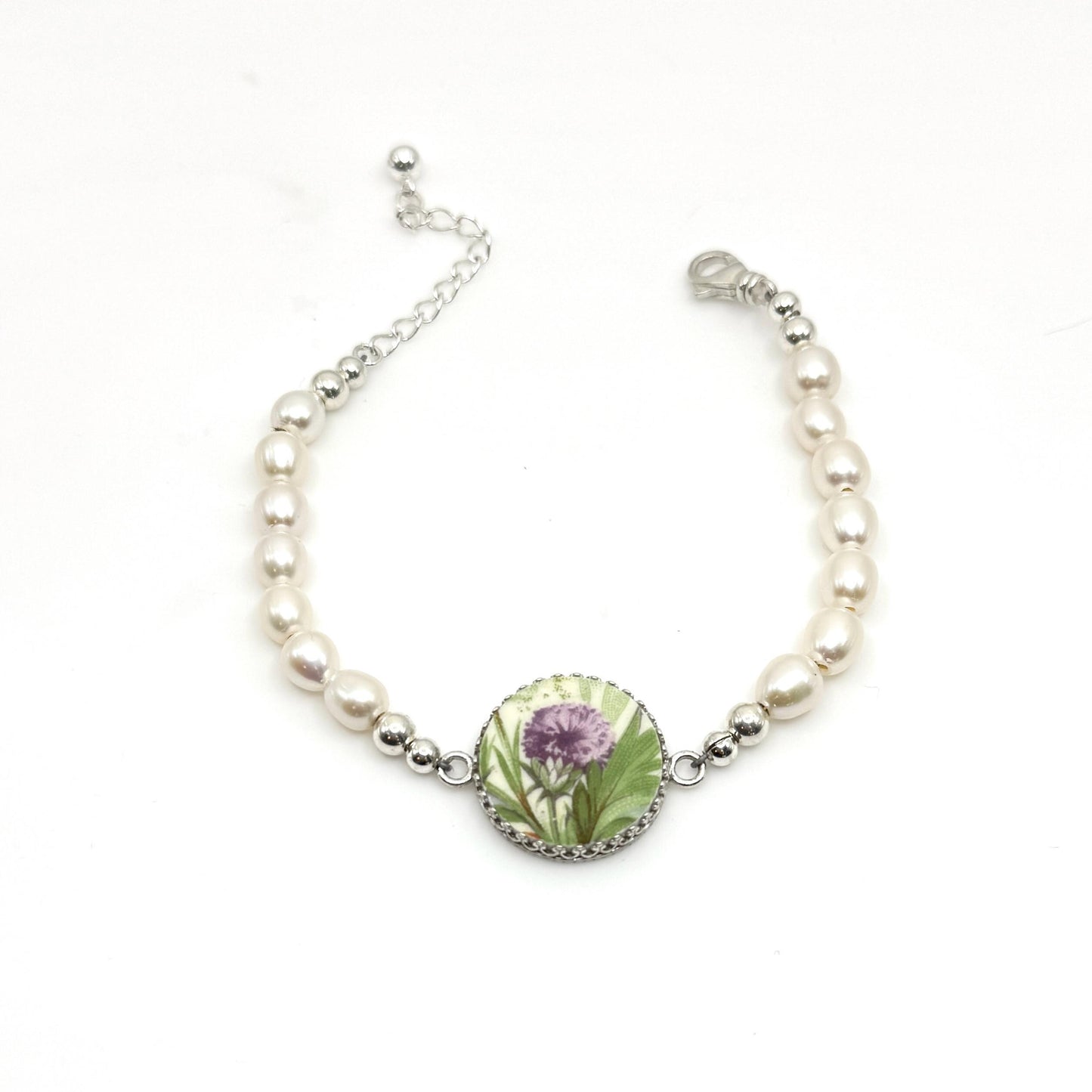 Scottish Thistle, Celtic Broken China Jewelry, Pearl Bracelet, 18th Wedding Anniversary Gift for Wife, Porcelain