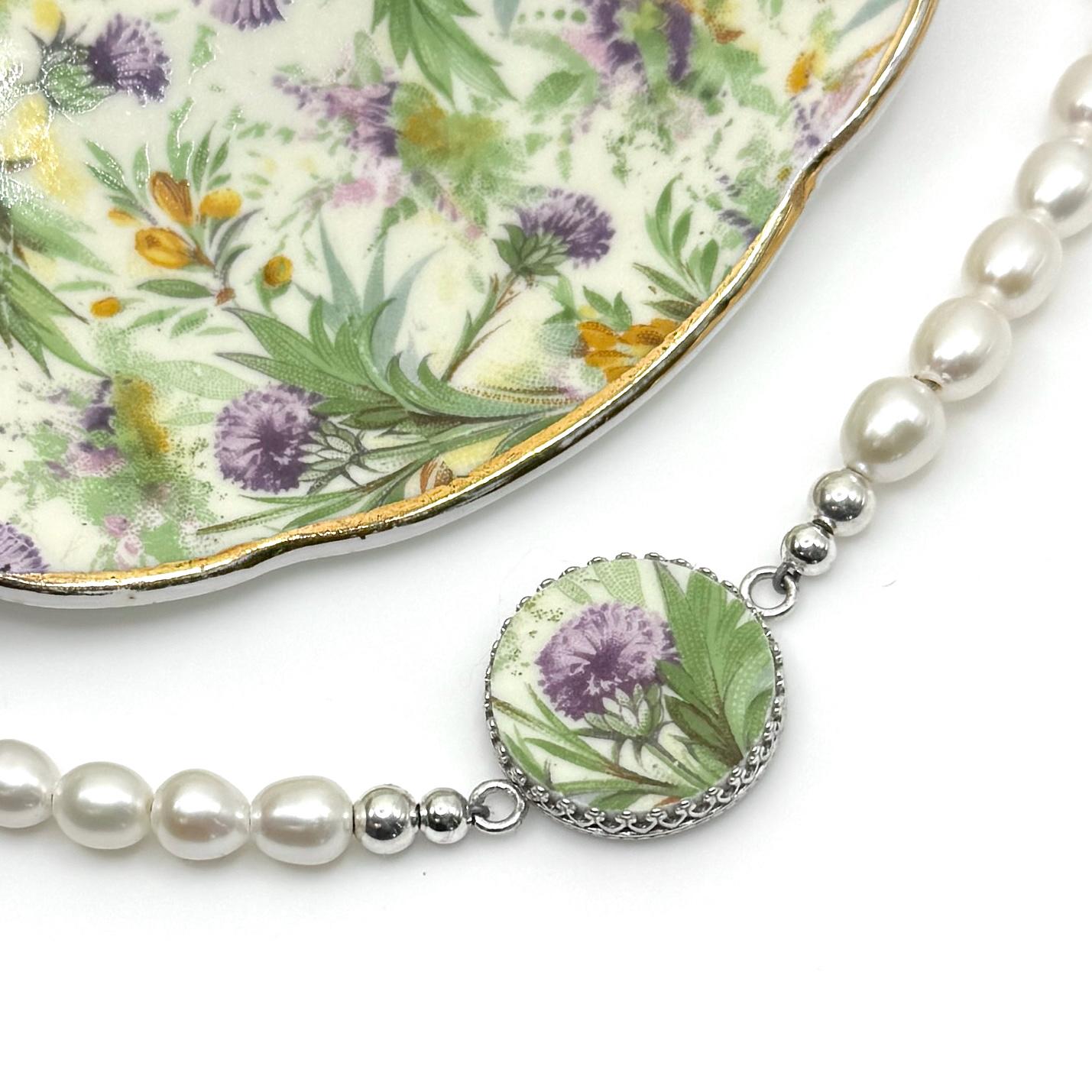 Scottish Thistle, Celtic Broken China Jewelry, Pearl Bracelet, 18th Wedding Anniversary Gift for Wife, Porcelain