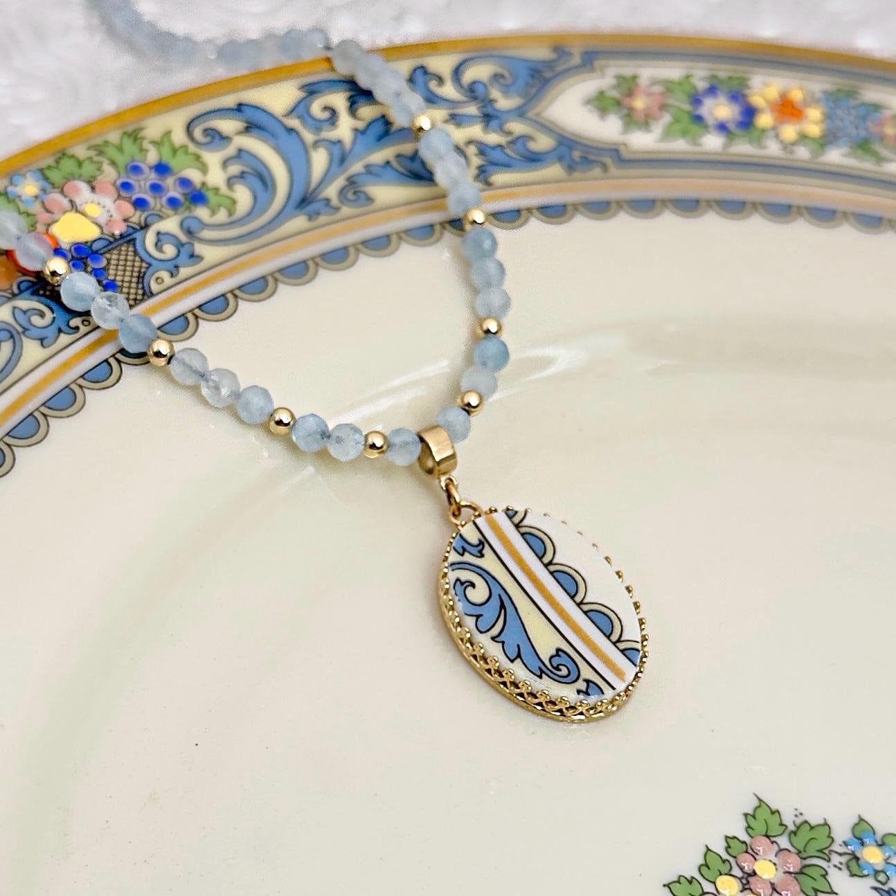14k Solid Gold and Aquamarine Necklace, Unique 20th Anniversary Gift for Wife, Lenox Autumn China, Broken China Jewelry