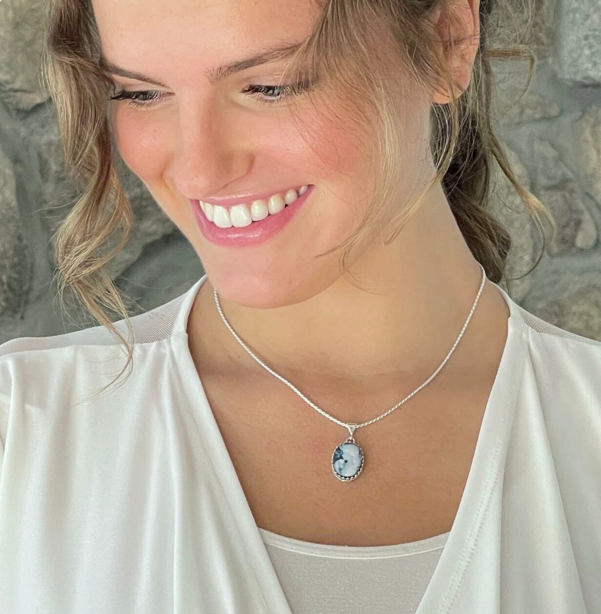 Blue Cat Cameo Necklace Gift for Her Anniversary Jewelry Silver Cameo Pendant Unique Gifts for Women