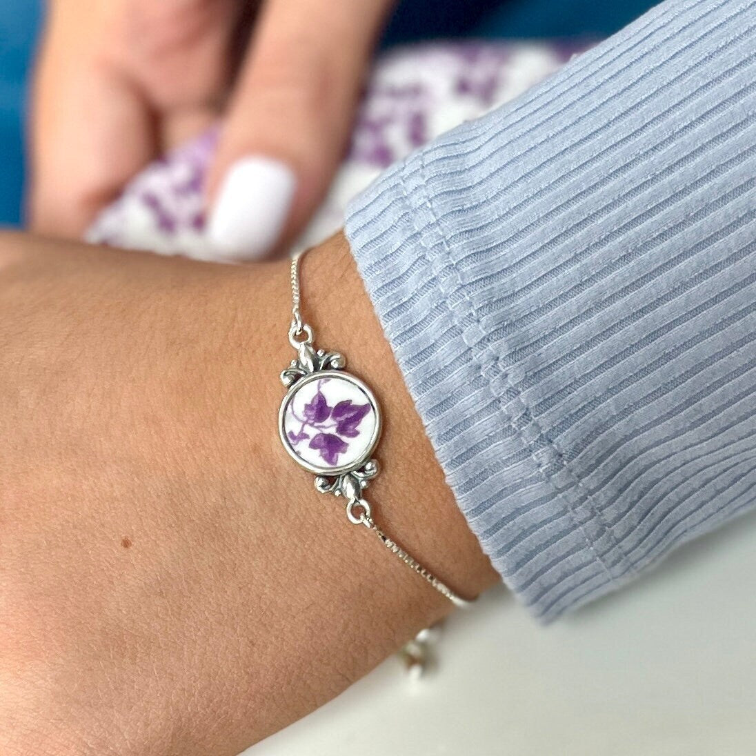 Sterling Silver 20th Anniversary Gifts for Wife, Vintage Shelley China Bolo Bracelet, Purple Broken China Victorian Jewelry, Adjustable