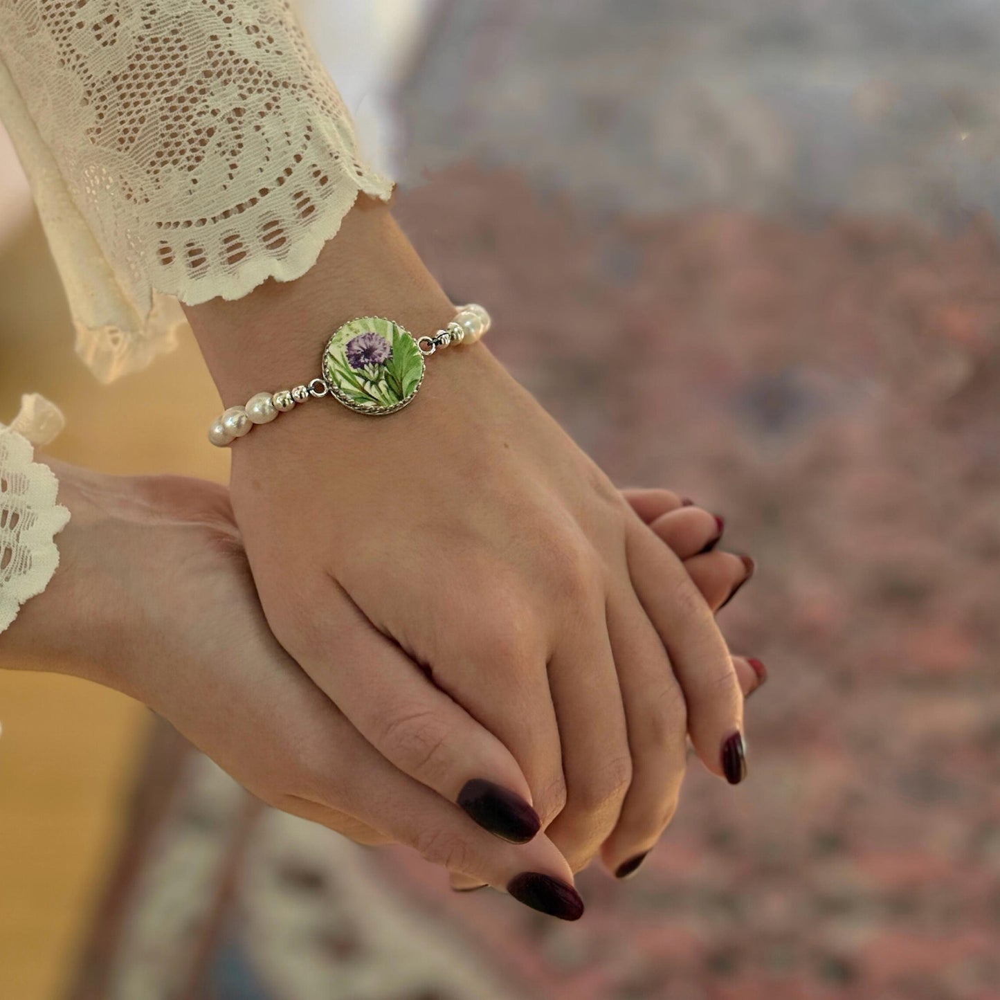 Scottish Thistle, Celtic Broken China Jewelry, Pearl Bracelet, 18th Wedding Anniversary Gift for Wife, Porcelain