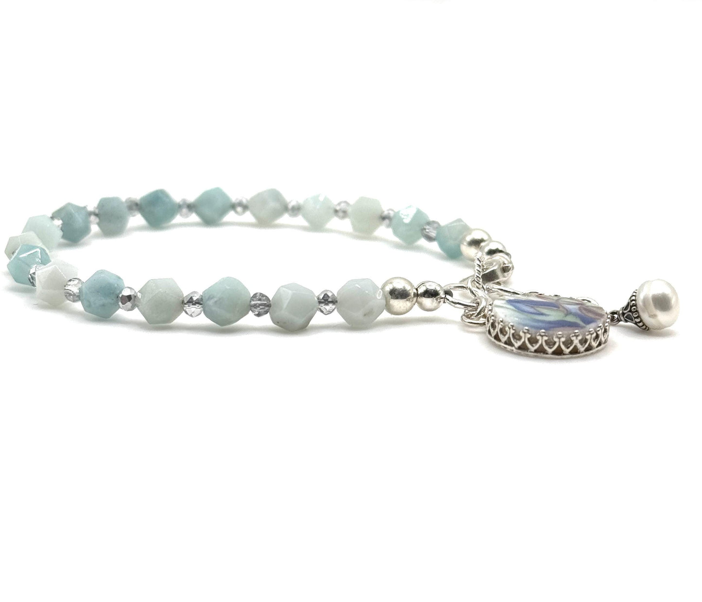 Vintage Blue Rose Charm Bracelet, Royal Albert Moonlight Rose Broken China Jewelry, Romantic 18th and 20th Anniversary Gifts, Amazonite