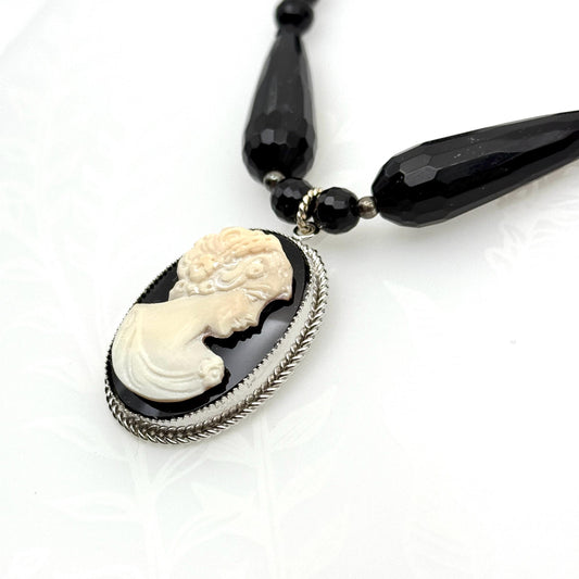 VintageItalian Shell Cameo Necklace, Victorian Statement Jewelry, Adjustable Beaded Onyx Necklace