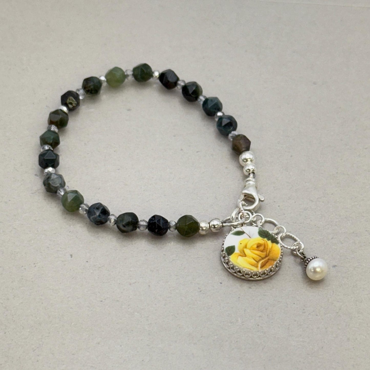 Adjustable Gemstone Bracelet, Broken China Jewelry, Victorian Yellow Rose Charm, Anniversary Gift for Her