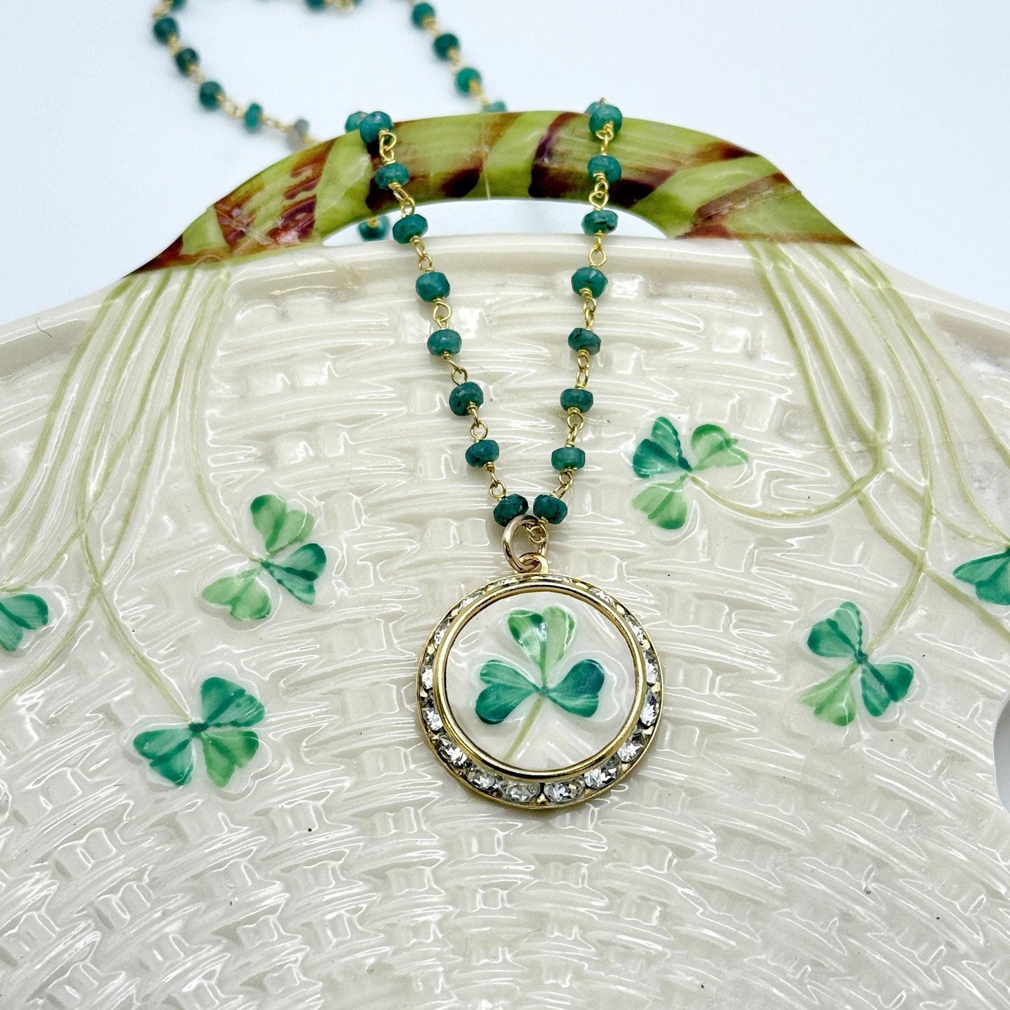 Emerald 20th Wedding Anniversary Gift for Wife, Shamrock Necklace, Repurposed Belleek Broken China Jewelry St Patricks Day Gift for Her