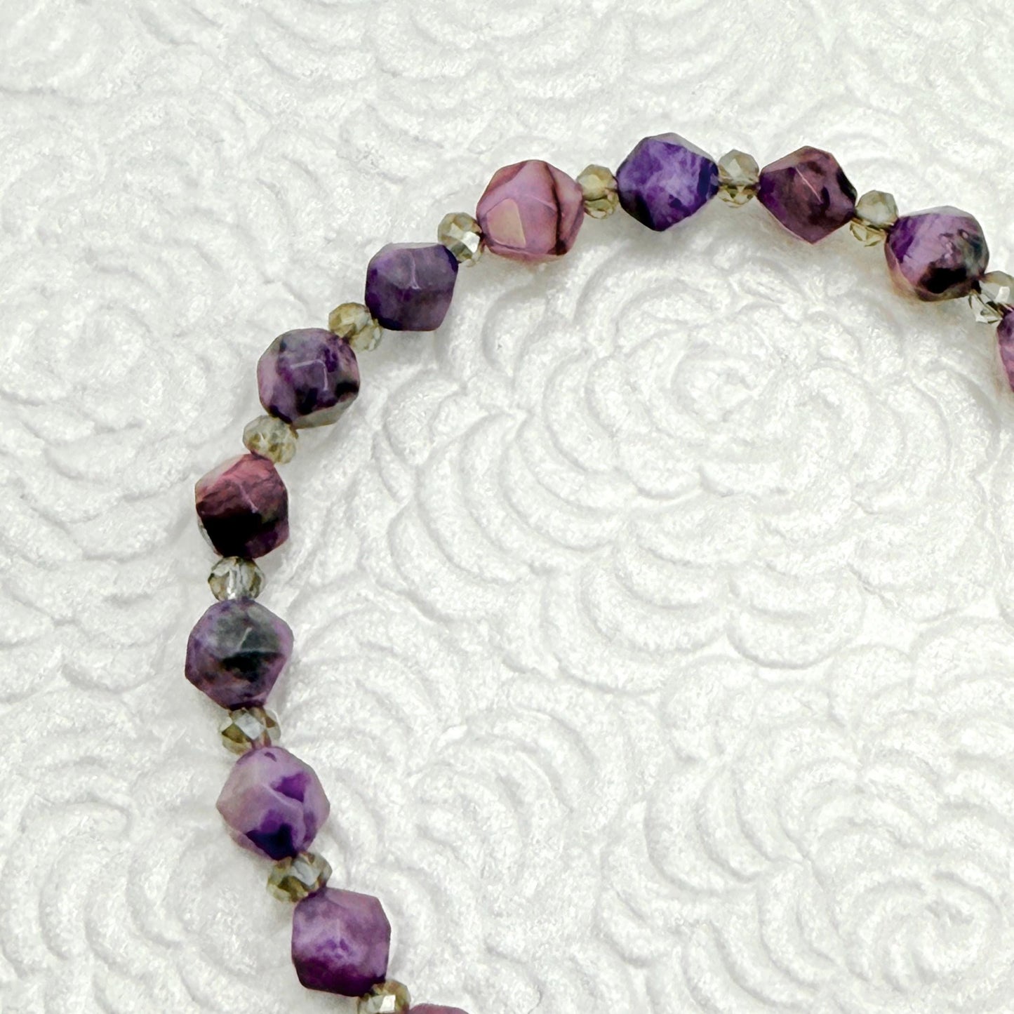 Porcelain Violet Flower Bracelet, Jasper Gemstone, Photo Locket, Traditional 18th Wedding Anniversary Gift for Wife, Broken China Jewelry