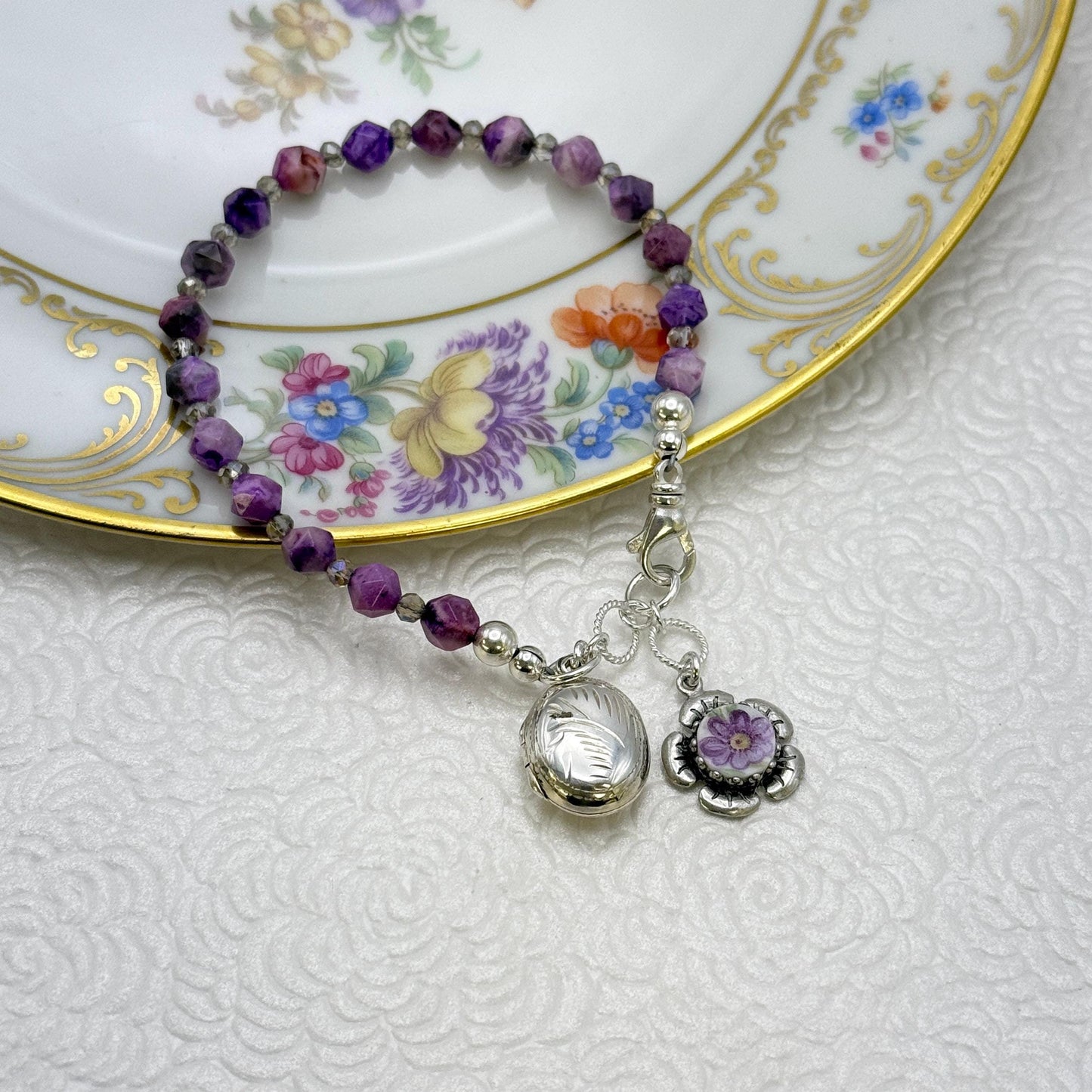 Porcelain Violet Flower Bracelet, Jasper Gemstone, Photo Locket, Traditional 18th Wedding Anniversary Gift for Wife, Broken China Jewelry
