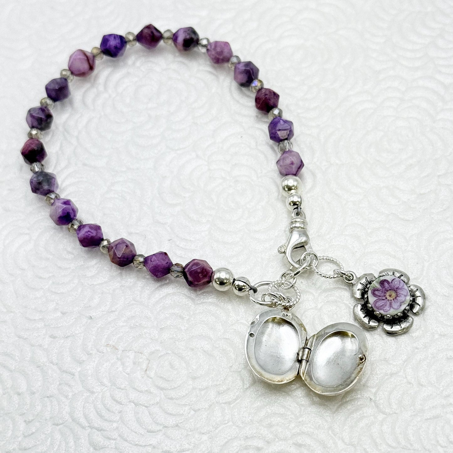 Porcelain Violet Flower Bracelet, Jasper Gemstone, Photo Locket, Traditional 18th Wedding Anniversary Gift for Wife, Broken China Jewelry