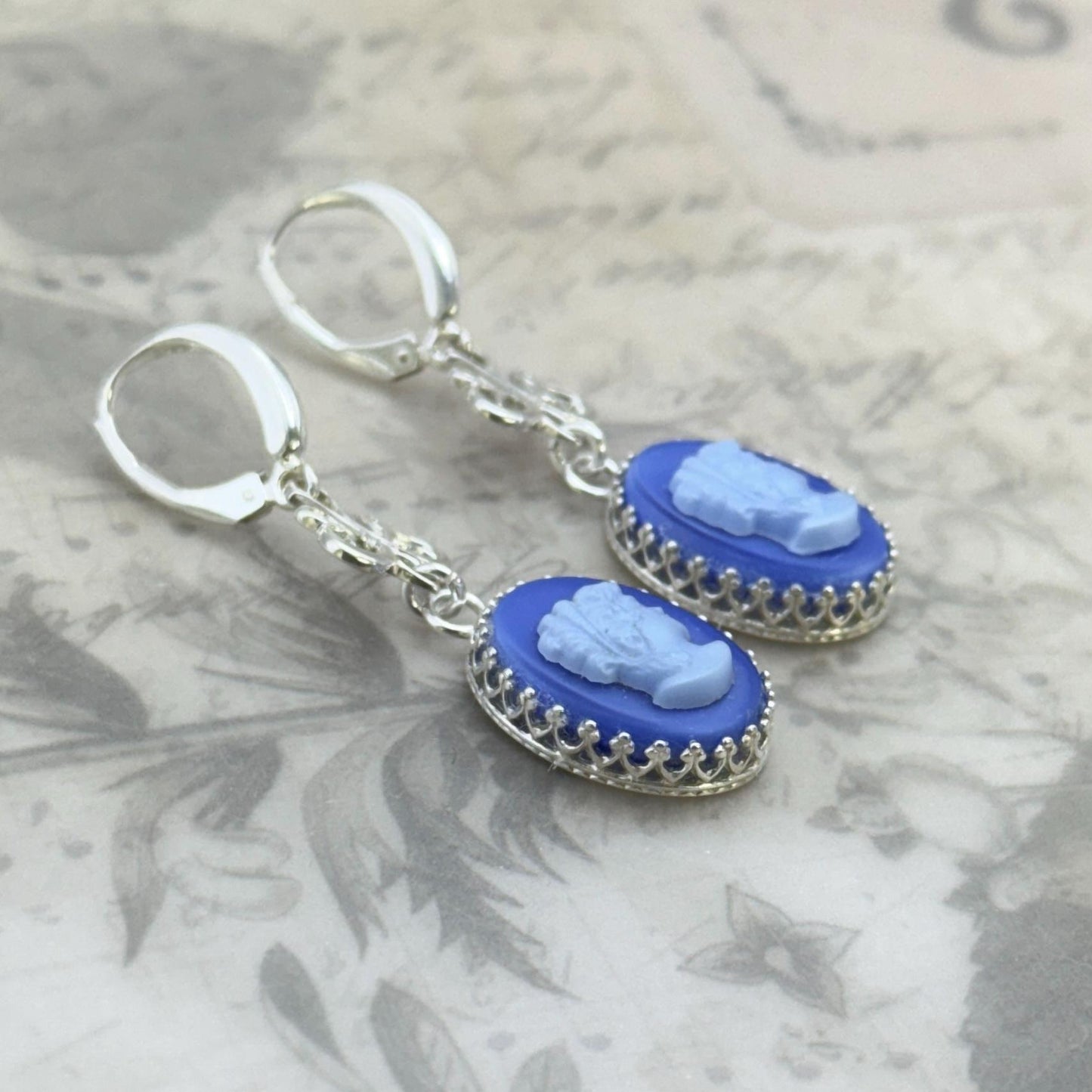 Victorian Cameo Earrings, Blue Wedding Jewelry, Vintage Glass Cameos, Unique Gifts for Women